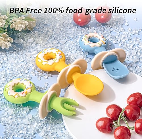 Miniatura 2 de Yeivzwba - Juego de utensilios para niños pequeños, tenedor y cuchara, suministros de alimentación para bebés, 100% silicona de grado alimenticio,