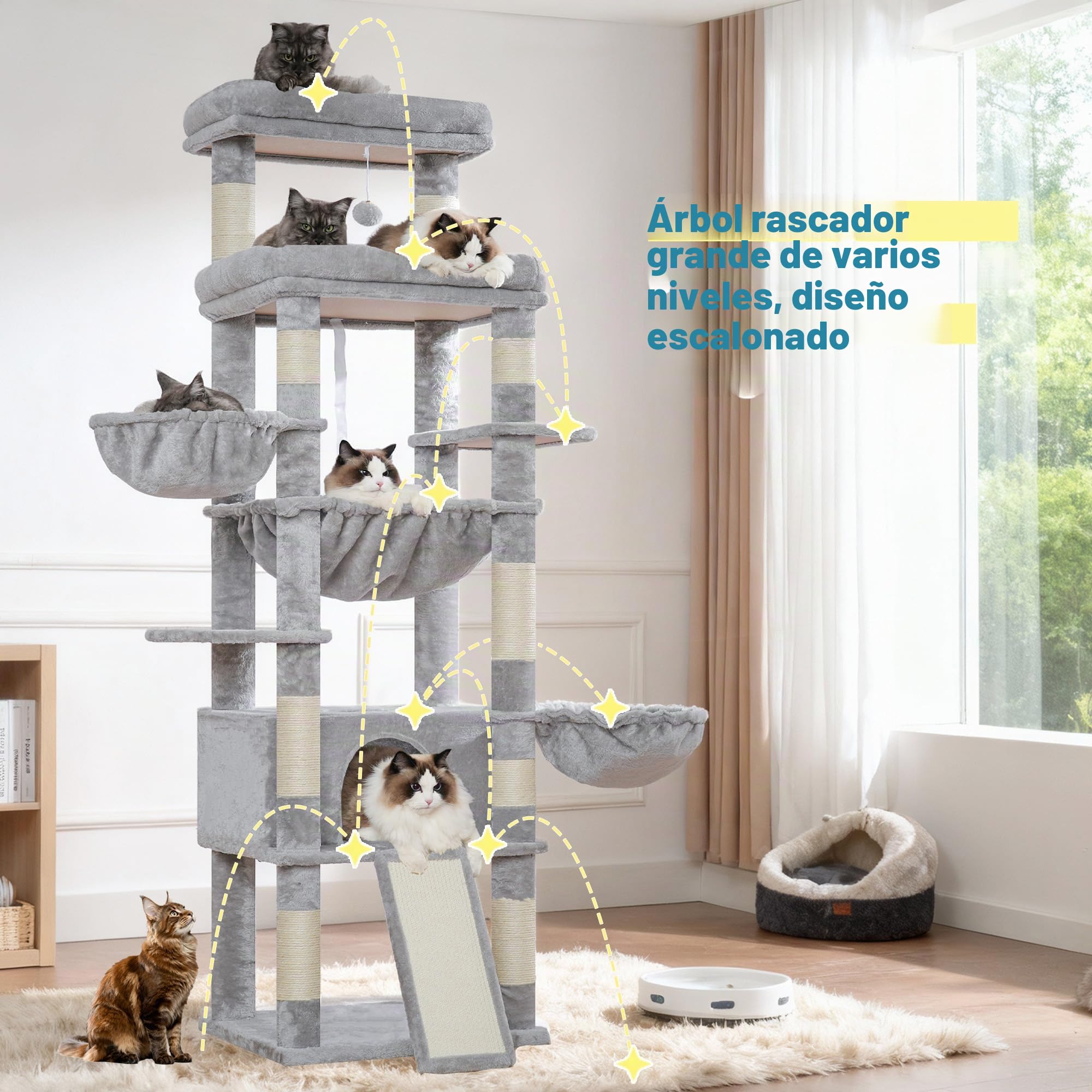 Hey-brother Rascador para Gatos, con Hamaca, Cueva, 2 Plataformas, MPJ080W | 182cm Árbol para Gatos, 2 Cestas Suaves, Rampa Rascadora, Pelota de peluche, para Múltiples Gatos de Interior, Gris Claro