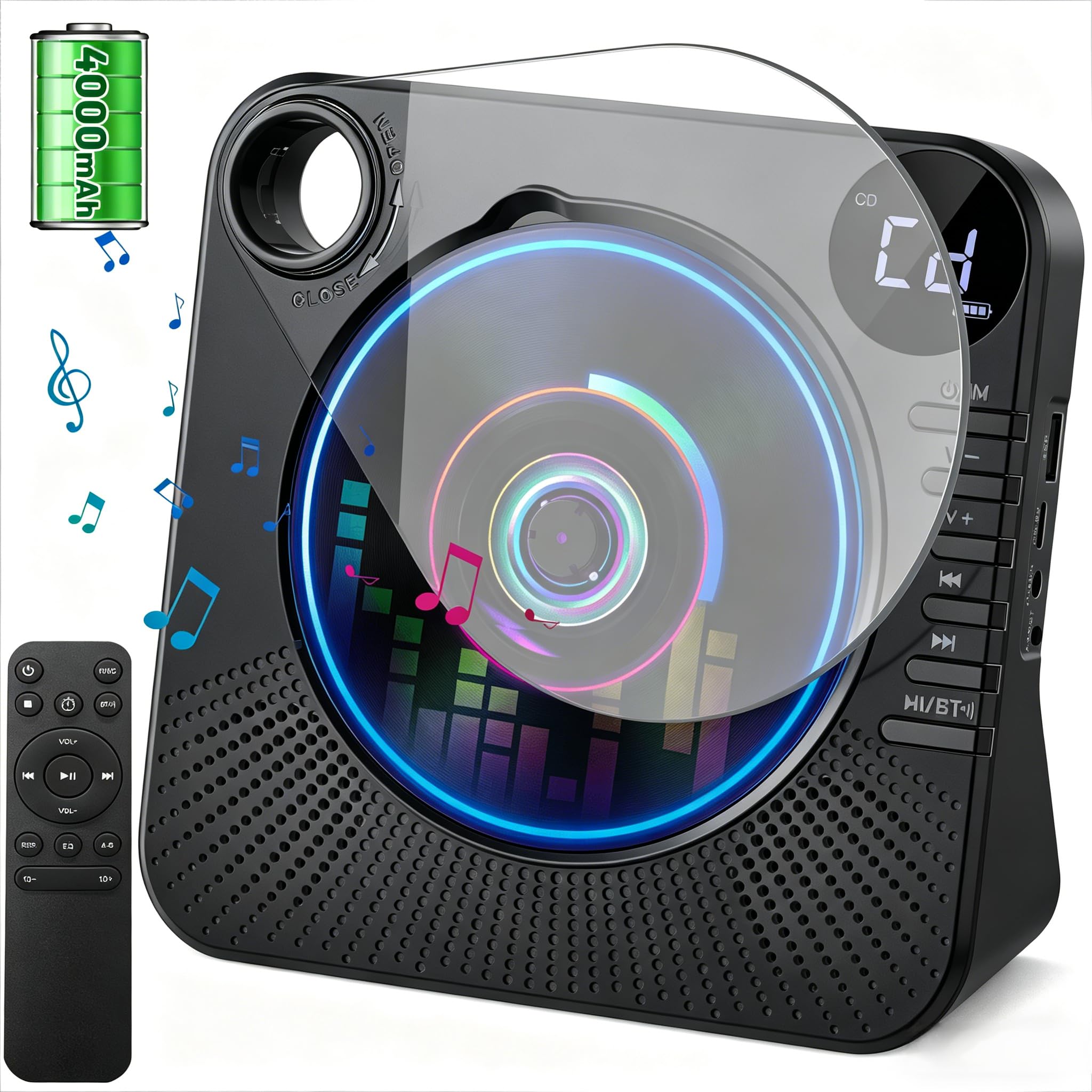 Lecteur CD portable 4000 mAh rechargeable Bluetooth 5.1 avec haut-parleurs