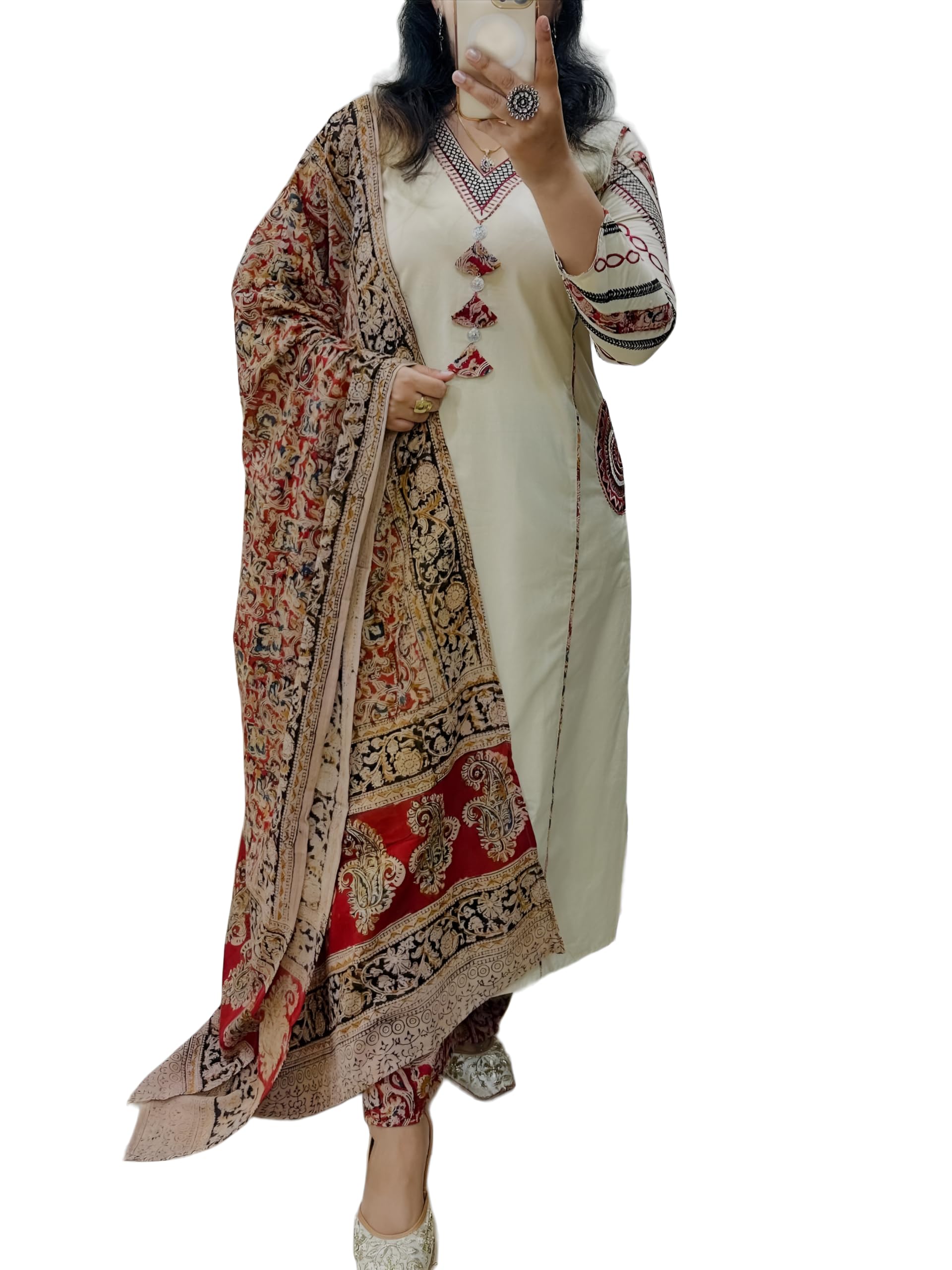 Women's Cotton Embroidered Anarkali Kurta and Palazzo with Dupatta Set
