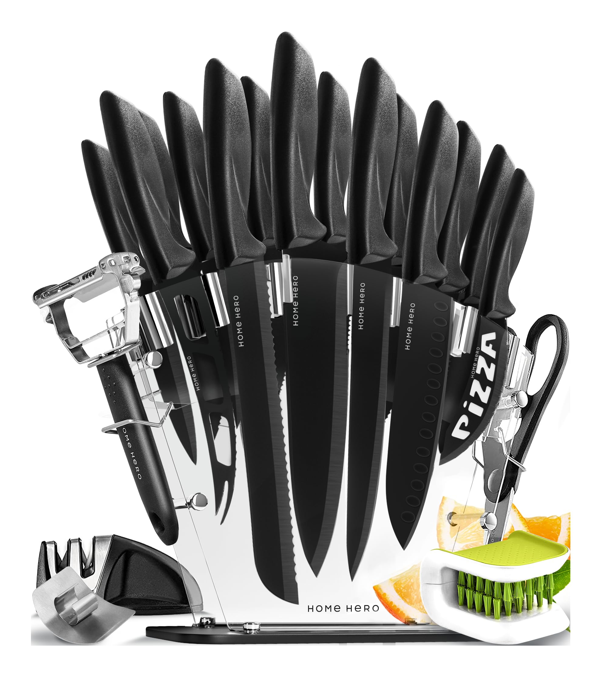 Ultra-Sharp Stainless Steel Kitchen Knife Set - Chef Knives Set (17 pcs Set - Black with Knife Block)