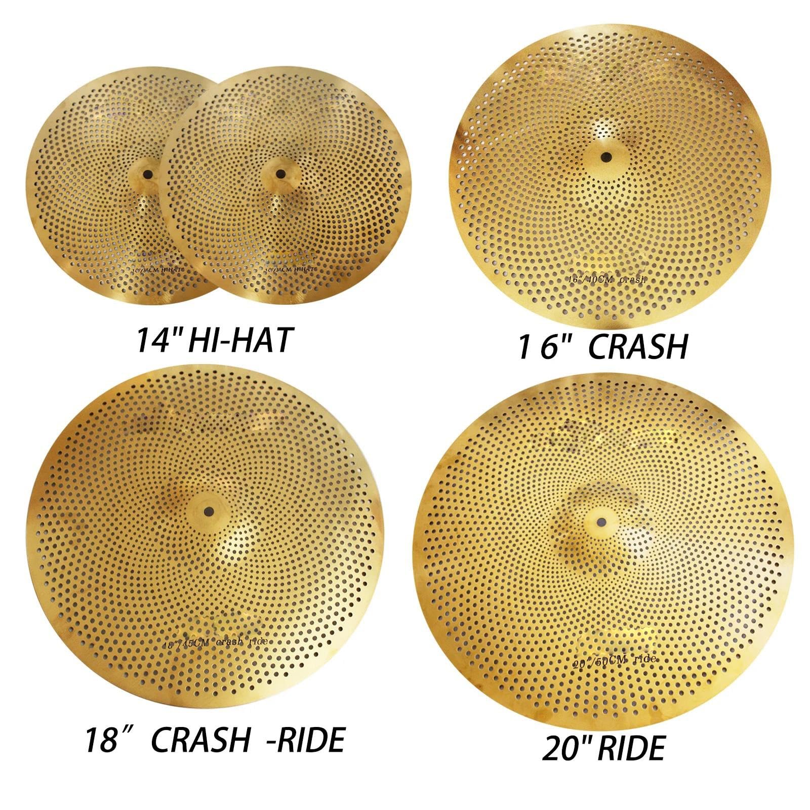 Standard Cymbales Pack De Cymbales À Faible Volume Performance Professionnelle 14 Charlestons 16/18 Crash 20 Pouces Ensemble 5 Sourdines(Golden)