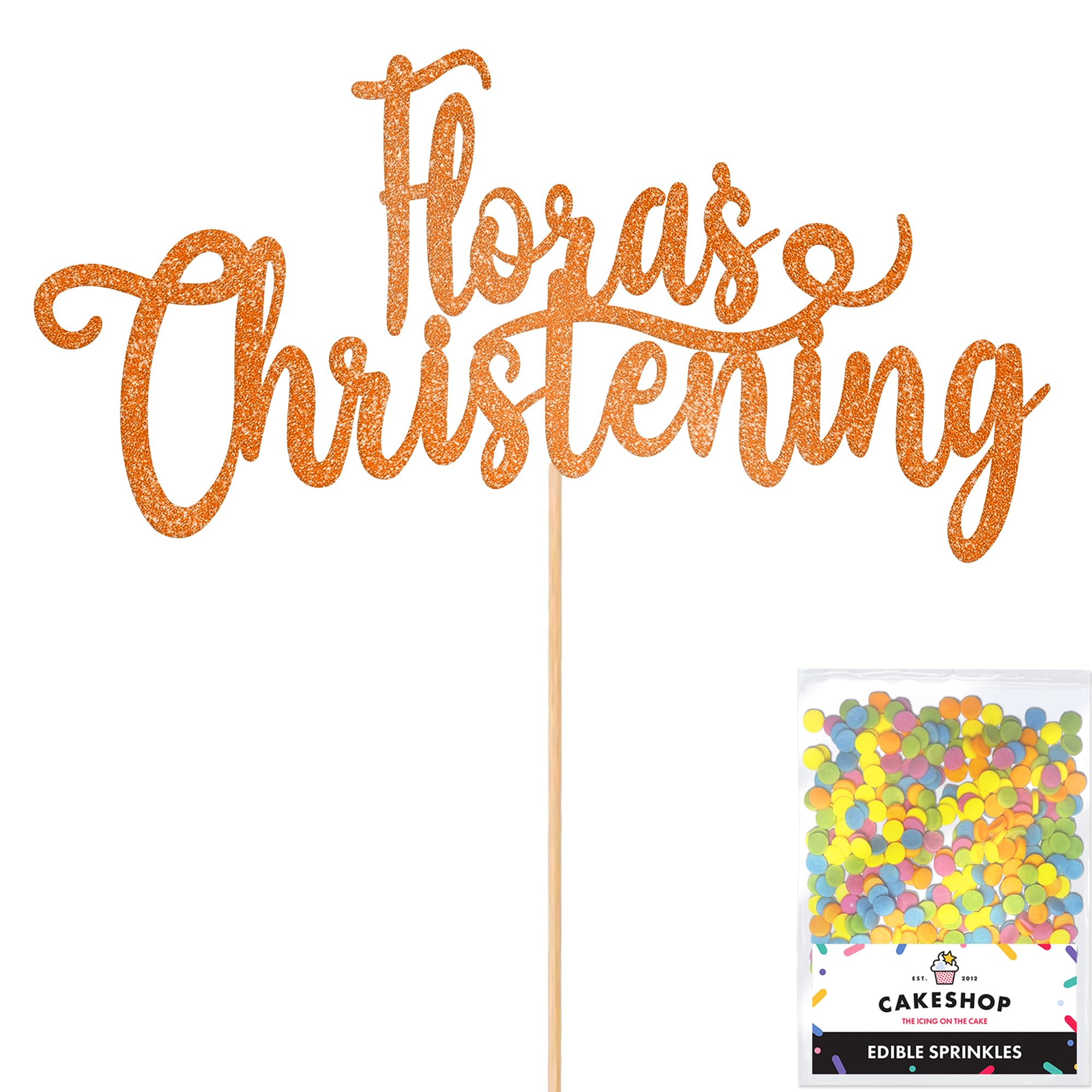Cakeshop Personalised Christening Glitter Cake Topper With Sprinkles - Copper Orange Custom Colour - Any Name - Double-Sided Glitter Card Cake Decoration - Custom Toppers for Cakes
