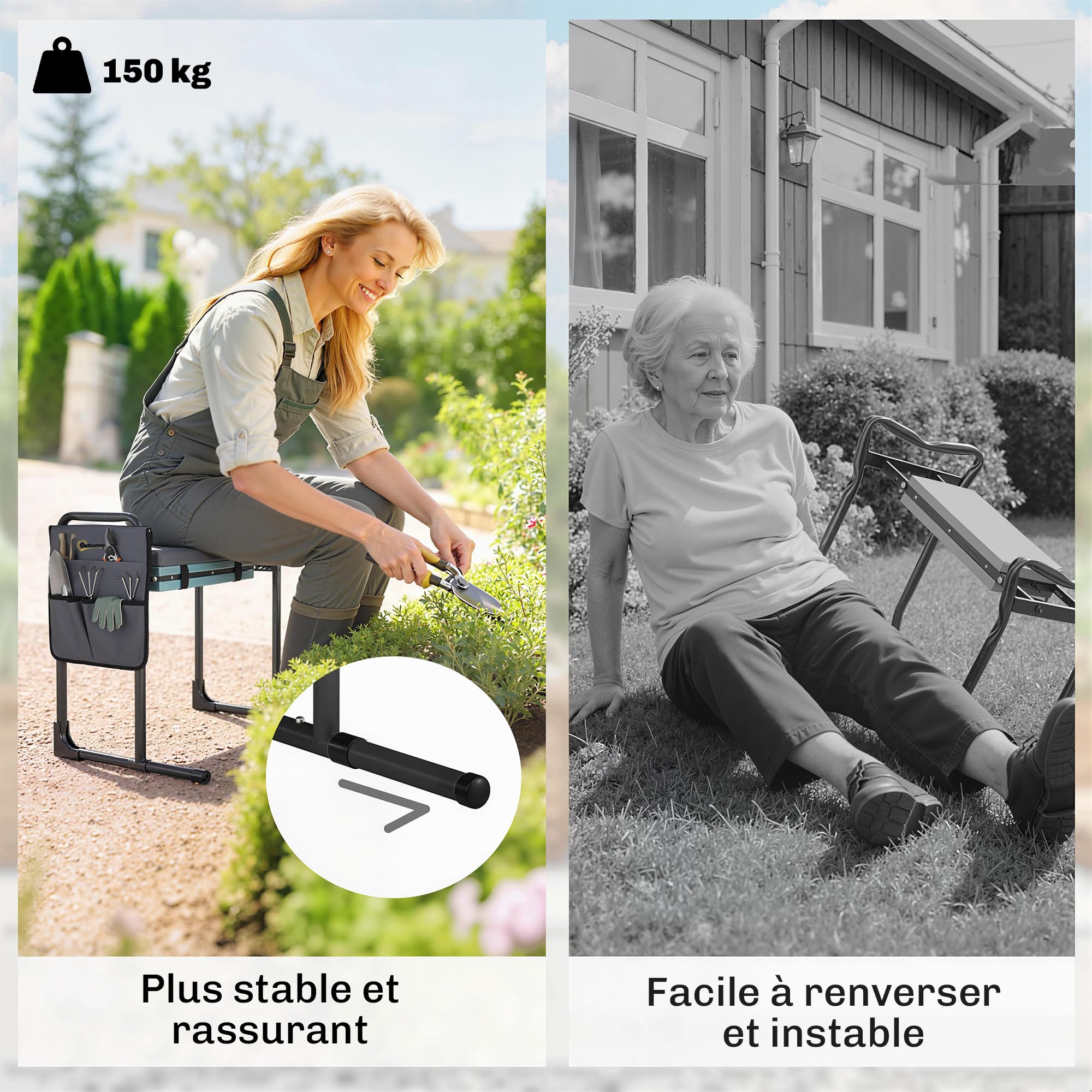 Outsunny Tabouret de Jardin Pliable Agenouilloir de Jardin Repose-Genoux Siège Jardinage avec Coussin Rembourré Épais en Mousse EVA, Poches à Outils, Gris Foncé