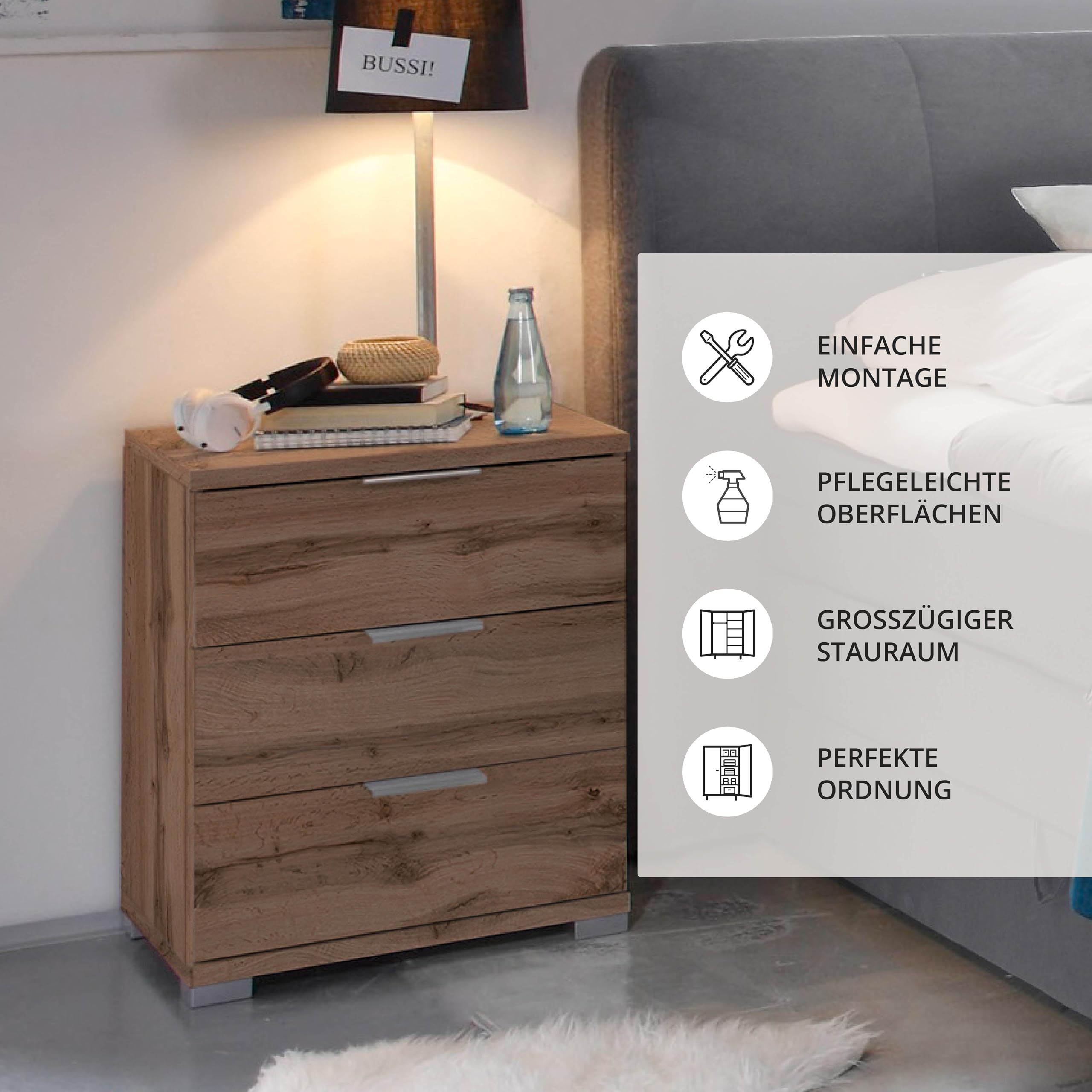 Stella Trading Universal Nachttisch in Wildeiche Optik - Moderner Nachtschrank mit drei Schubladen für Ihr Boxspringbett - 46 x 61 x 42 cm (B/H/T)