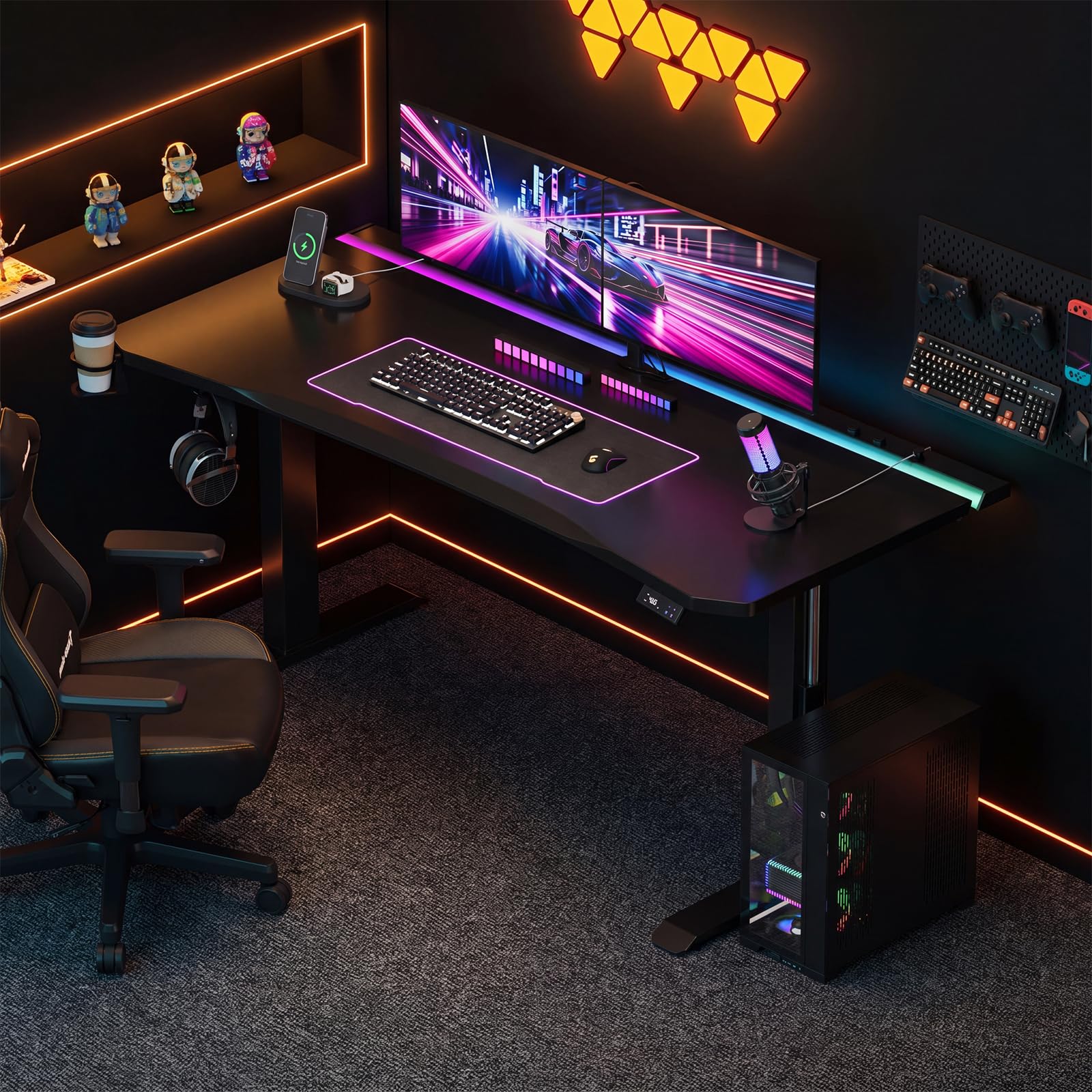 Devoko Höhenverstellbarer Schreibtisch,160x70cm Gaming Schreibtisch mit 20 mm Dicker hautfreundlicher Tischplatte,Dual-Motor Leiser Stehschreibtisch mit LED Lichtleiste & Kabelmanagement