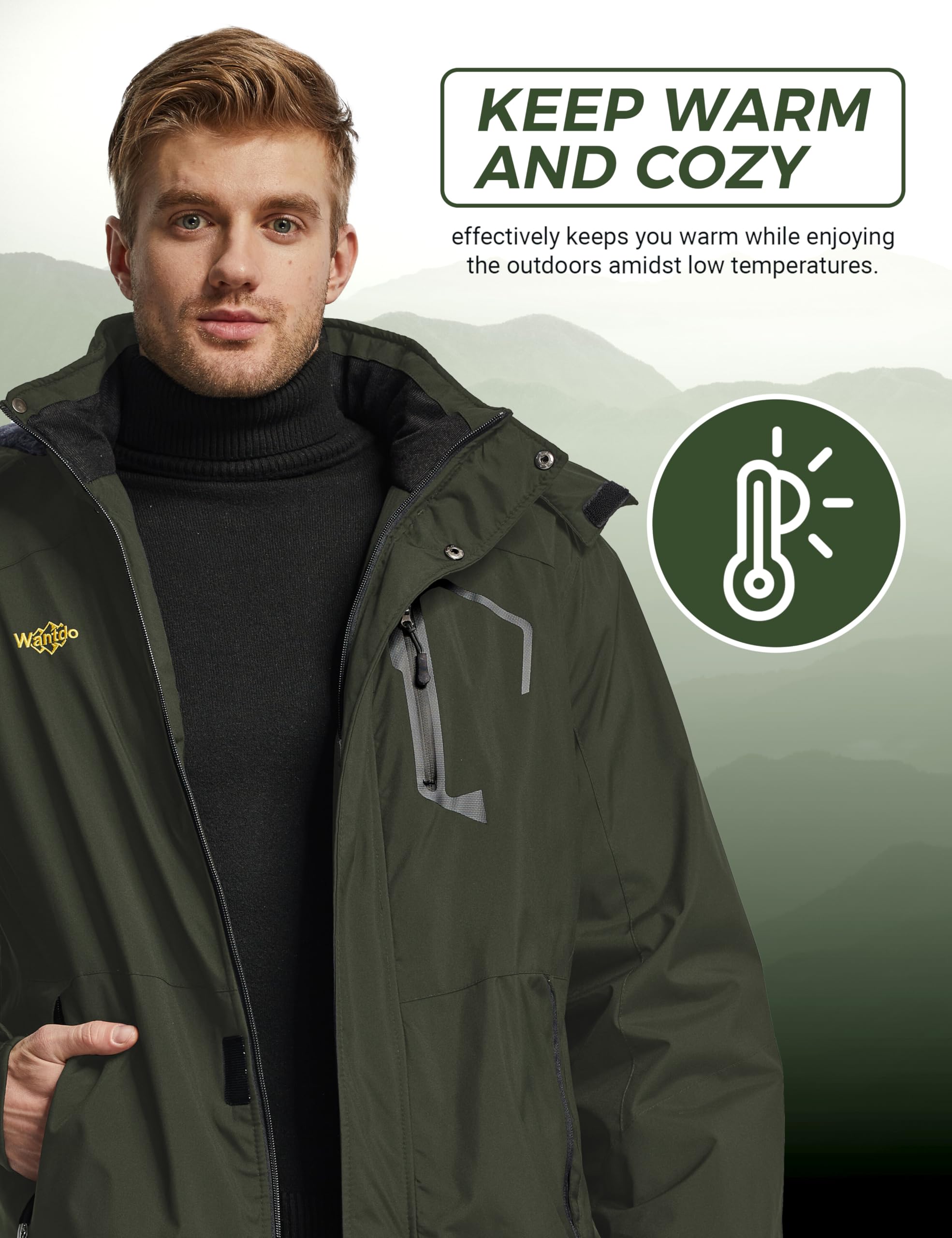 Wantdo Giacca da Sci Montagna Calda Invernale Parka da Neve Imbottita Cappotto da Snowboard in Pile Giubbotto con Cappuccio Impermeabile Uomo