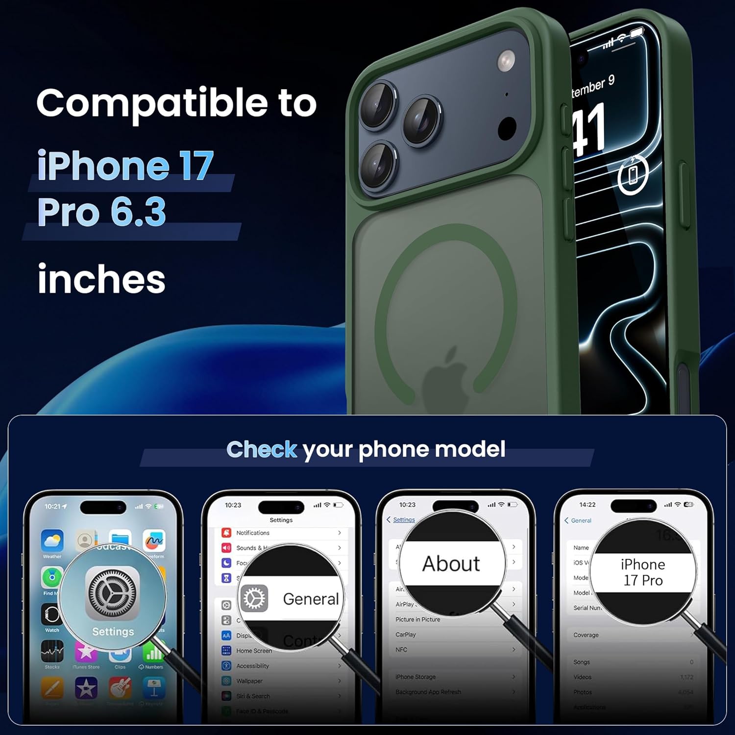 CACOE Magnetic Case for iPhone 17 Pro 6.3 inch-Compatible with MagSafe & Magnetic Car Phone Mount,Anti-Fingerprint TPU Thin Phone Cases Cover Protective Shockproof (Dark Green)