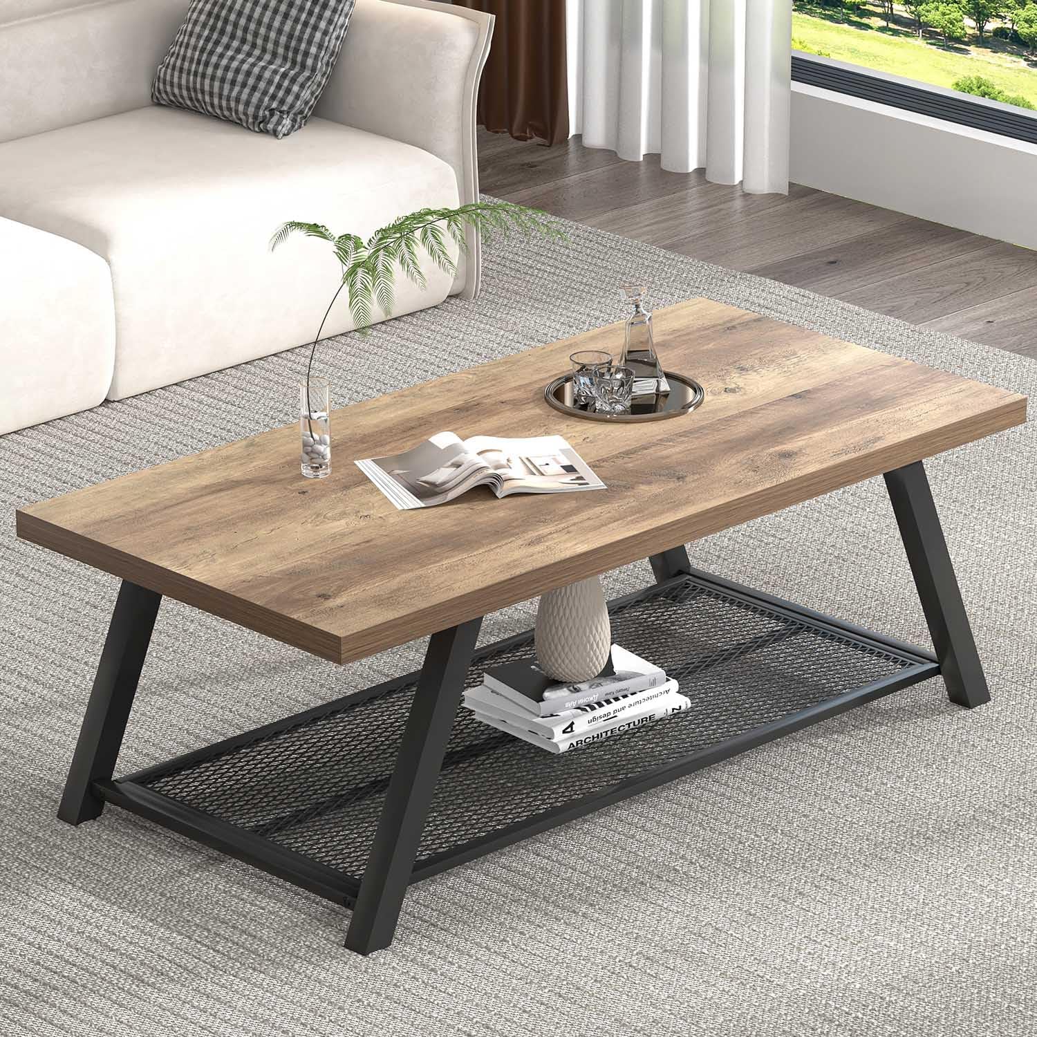 FOLUBAN Coffee Table with Storage, Modern Rustic Wood and Metal Coffee Tables for Living Room, Industrial 2-Tier Center Tea Cocktail Table, Oak, 47 Inch