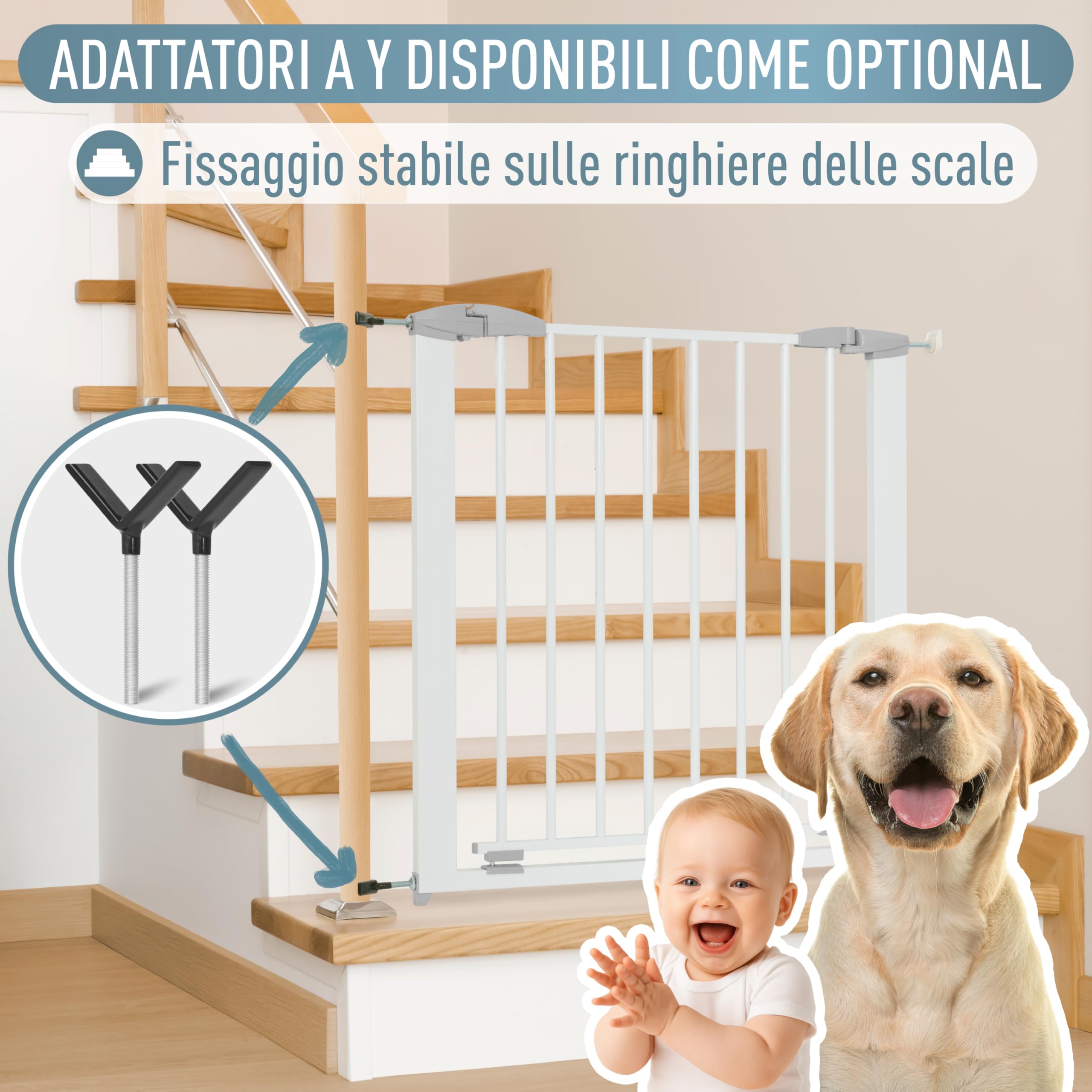 IB STYLE Cancelletto per Bambini Yael 73,5-81,5 cm – Sicurezza senza fori, montaggio a pressione, metallo robusto, apertura una mano, stop 90°, protezione casa bambini e cani, bianco
