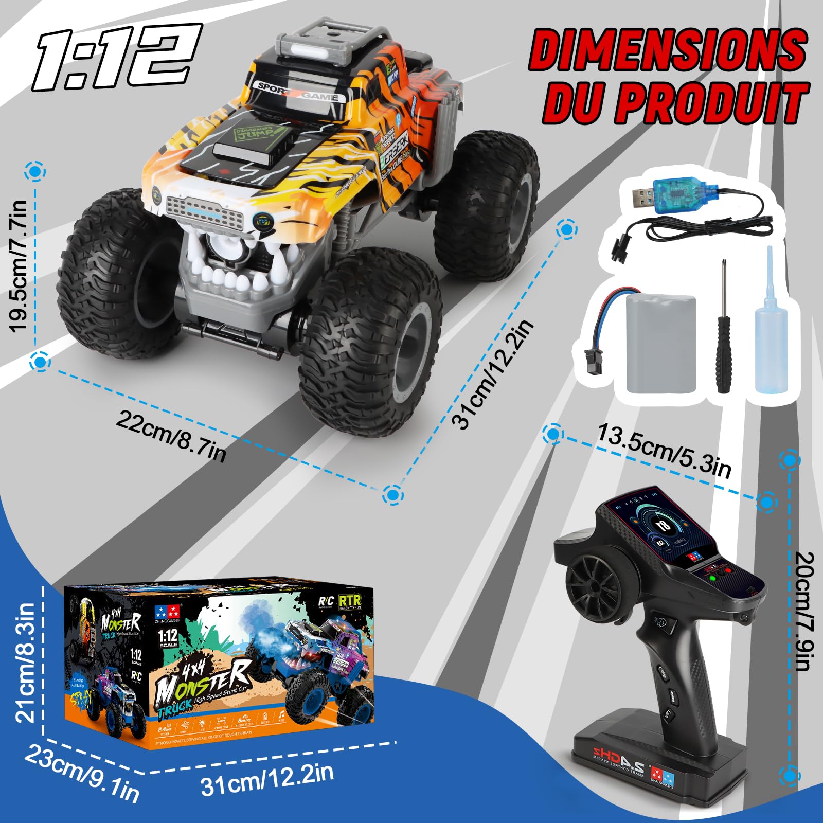 Charmofun Monster Truck Telecommande 1:12, 360° Rotation Dinosaure Voiture Télécommandée Tout Terrain, 2,4GHz RC Monster Truck avec Brume de Pulvérisation, Musique et Lumières LED pour Enfants