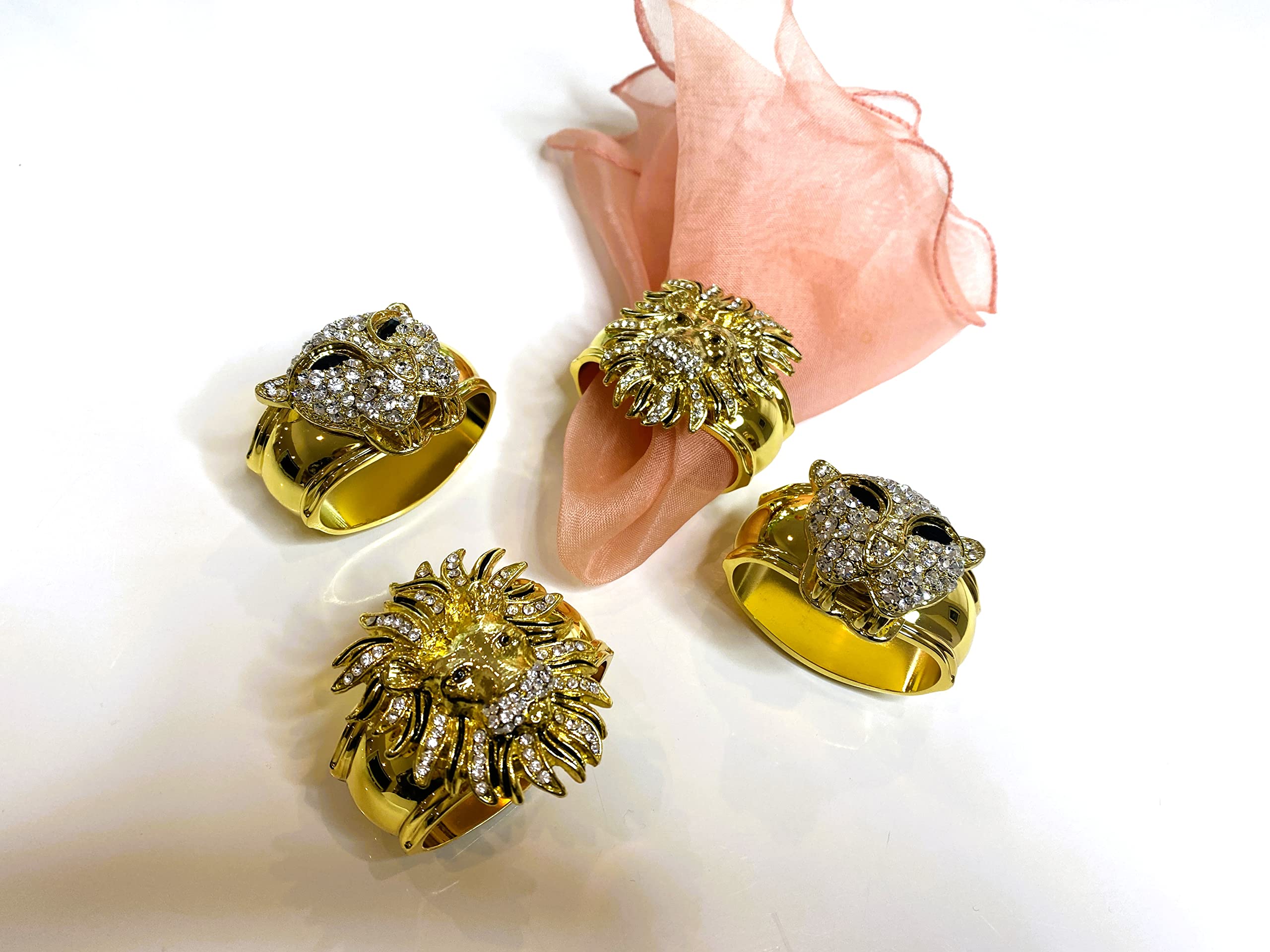 Hans Turnwald Signed Set 4 Gold Plate Napkin Rings Panther & Lion, African Safari, Rhinestone Crystal