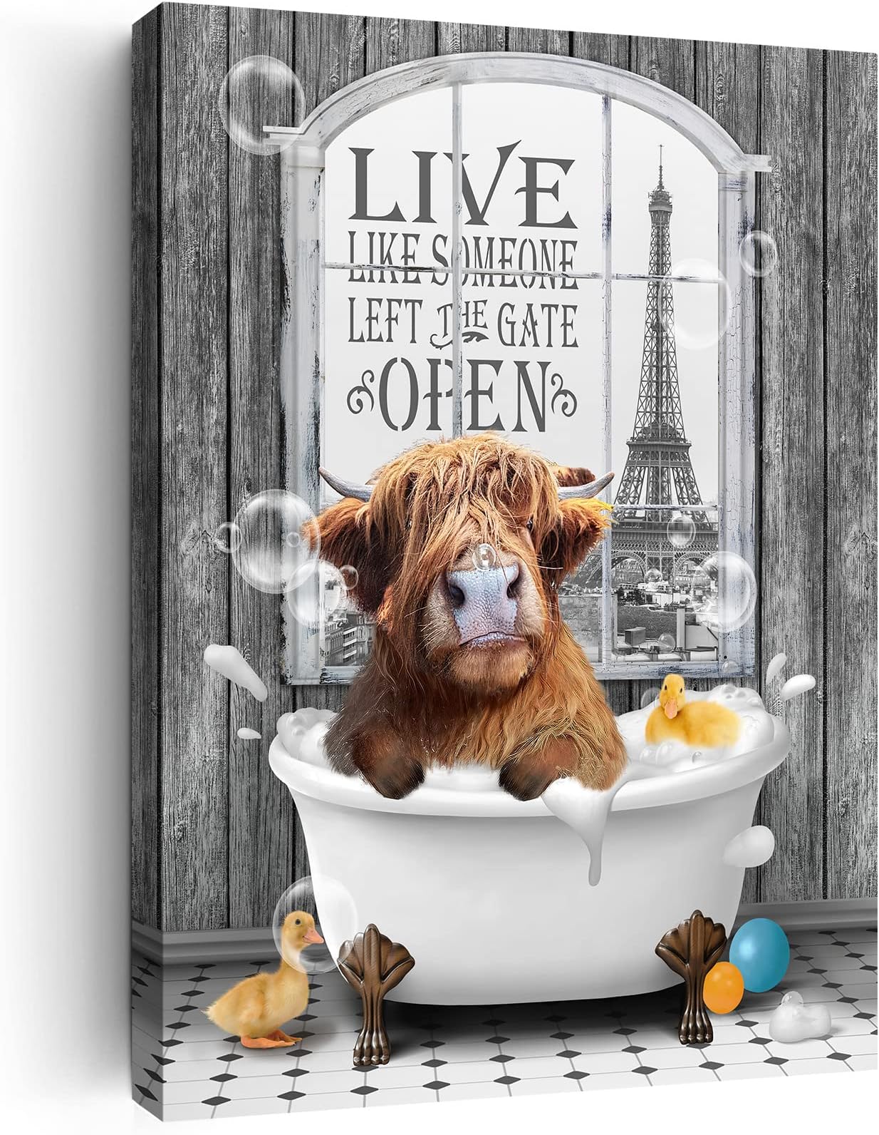 Highland Cow Bathroom Decor Wall Art Funny Rustic Cow Pictures Wall Decor Farmhouse Bathroom Decor Country Cattle Painting Canvas Print Decorations for Bathroom Wall Art Framed 12"x16"