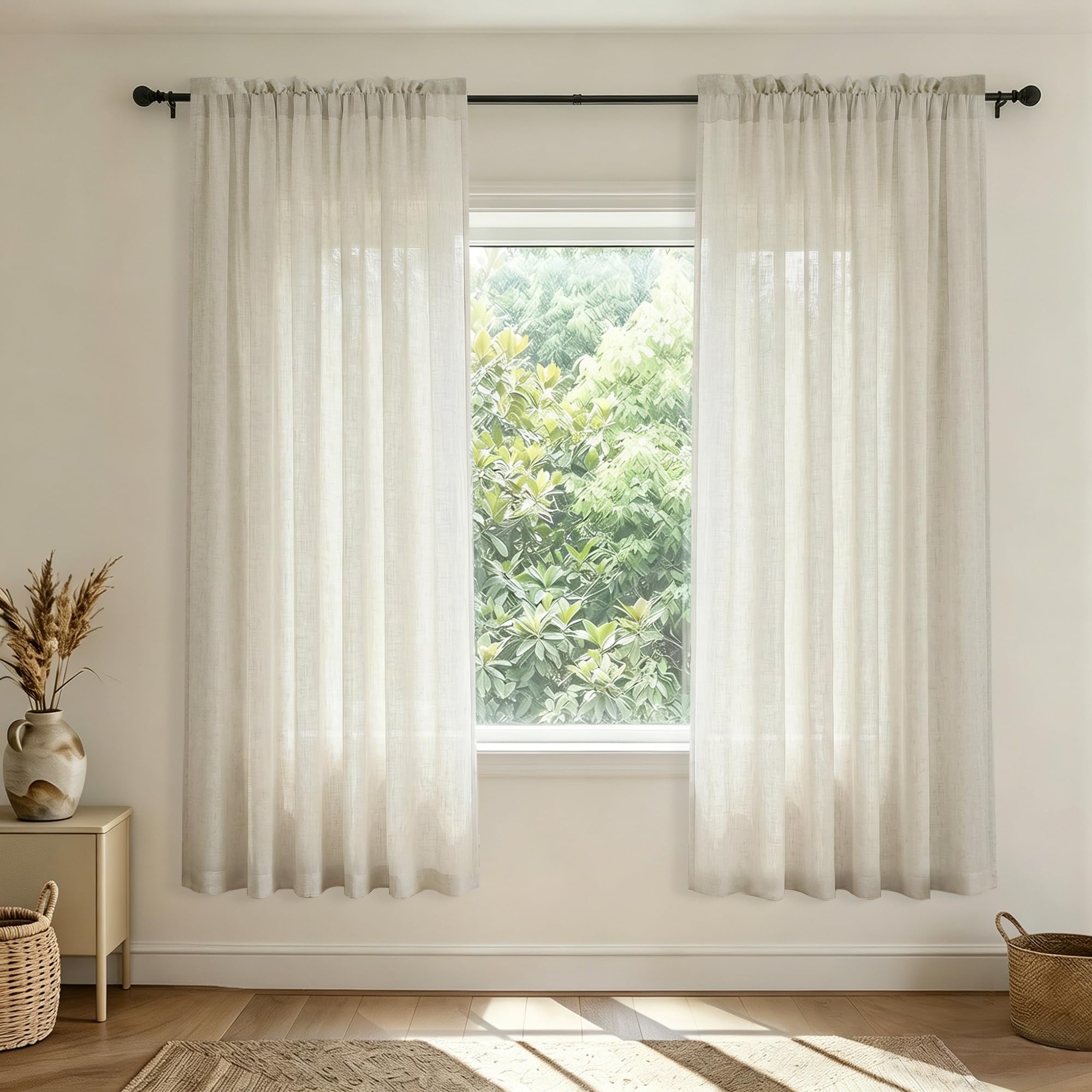 Natural Linen Curtains 38 Inch Wide for Bedroom 2 Panels Set Rod Pocket Light Filter Semi Sheer Cream Curtains for Small Windows Narrow Mini Skinny Living Room Decor 38 Inch Width by 63 Inch Length