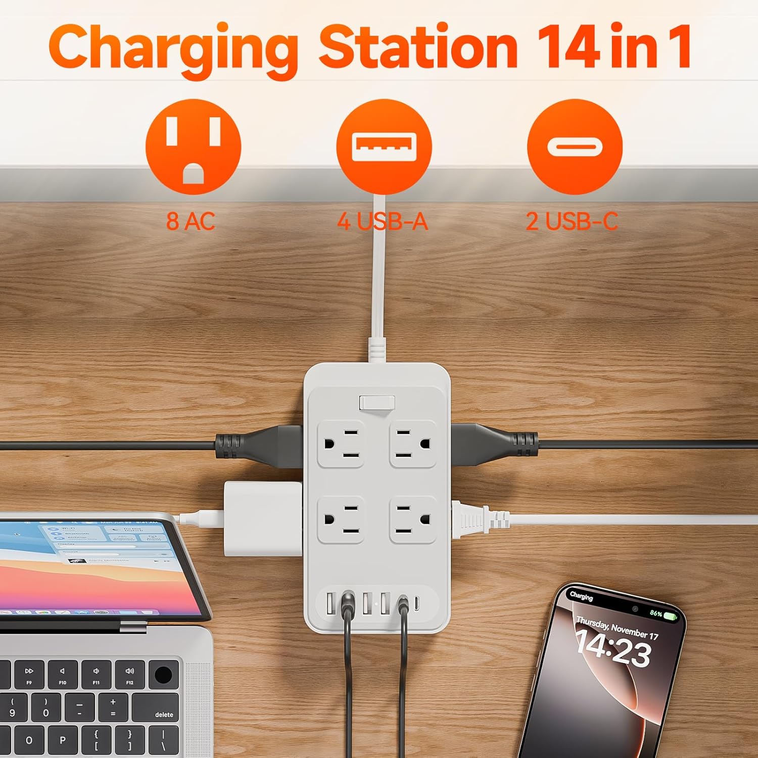 Short Extension Cord 0.3ft Power Strip-8 AC & 6 USB Ports(2 USB C), Multi Plug Outlet Extender, Non-Surge Protection for Cruise Travel Home Office Dorm Hotel