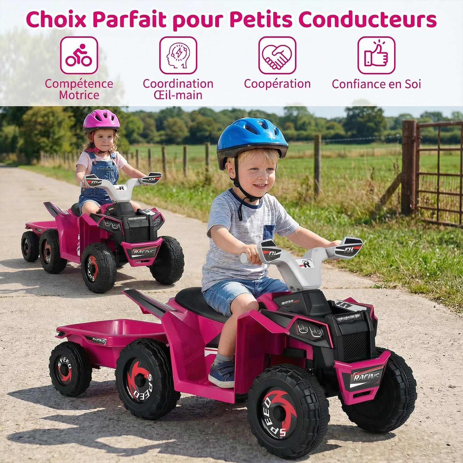 COSTWAY 6V Quad Électrique Enfant avec Remorque Amovible, Voiture Électrique ATV avec 6 Roues Antidérapantes & Bouton & Pédale, Charge 30kg, 2-3 km/h pour Enfant de 3 Ans+ (Rouge Rose)
