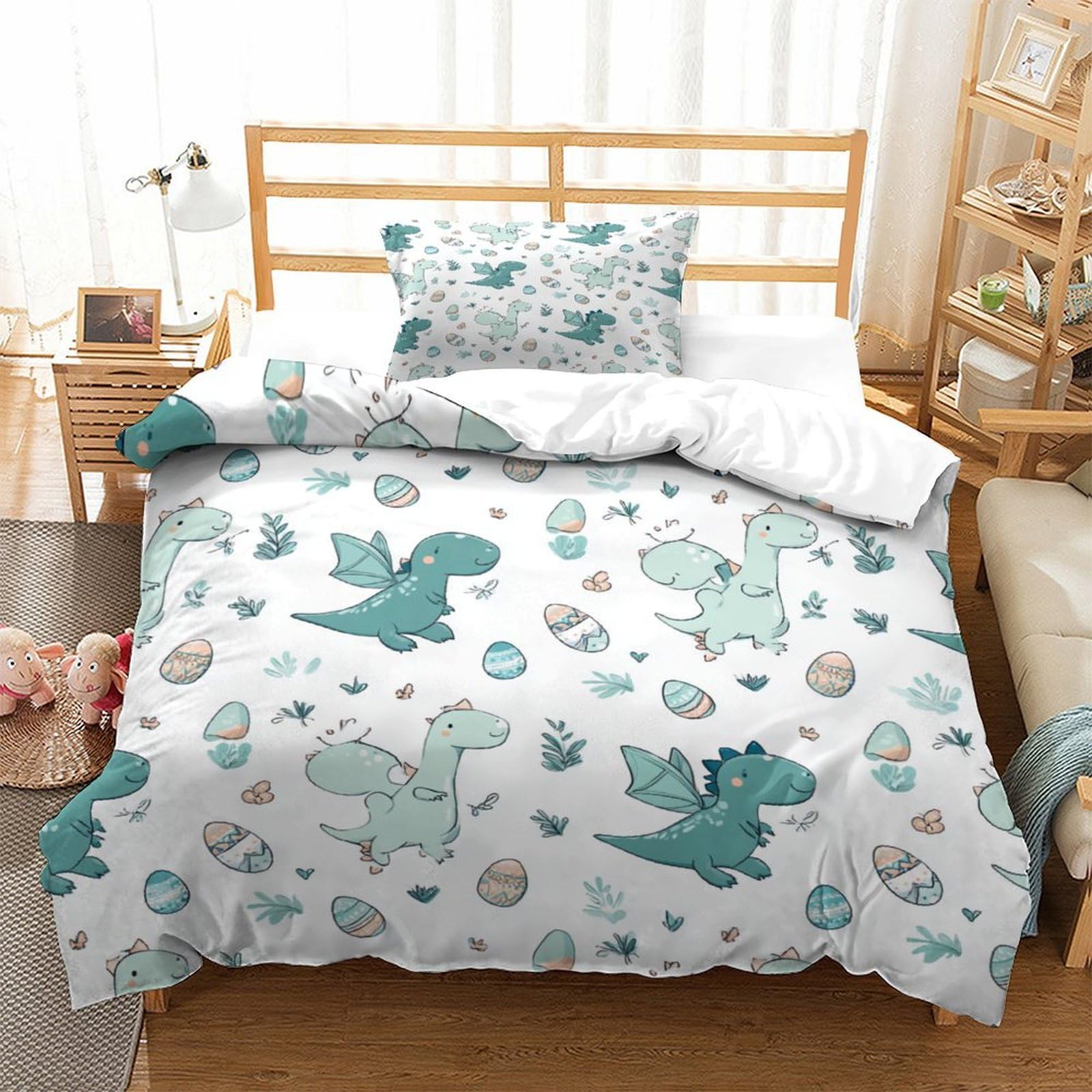 QDZHCPMYK Little Dinosaur Duvet Cover Set with Pillowcase animal Duvet Quilt Cover 3D Bedding Set for Kids Boys Girls Teens Microfiber Comforter Cover Hidden Zipper Single（135x200cm）