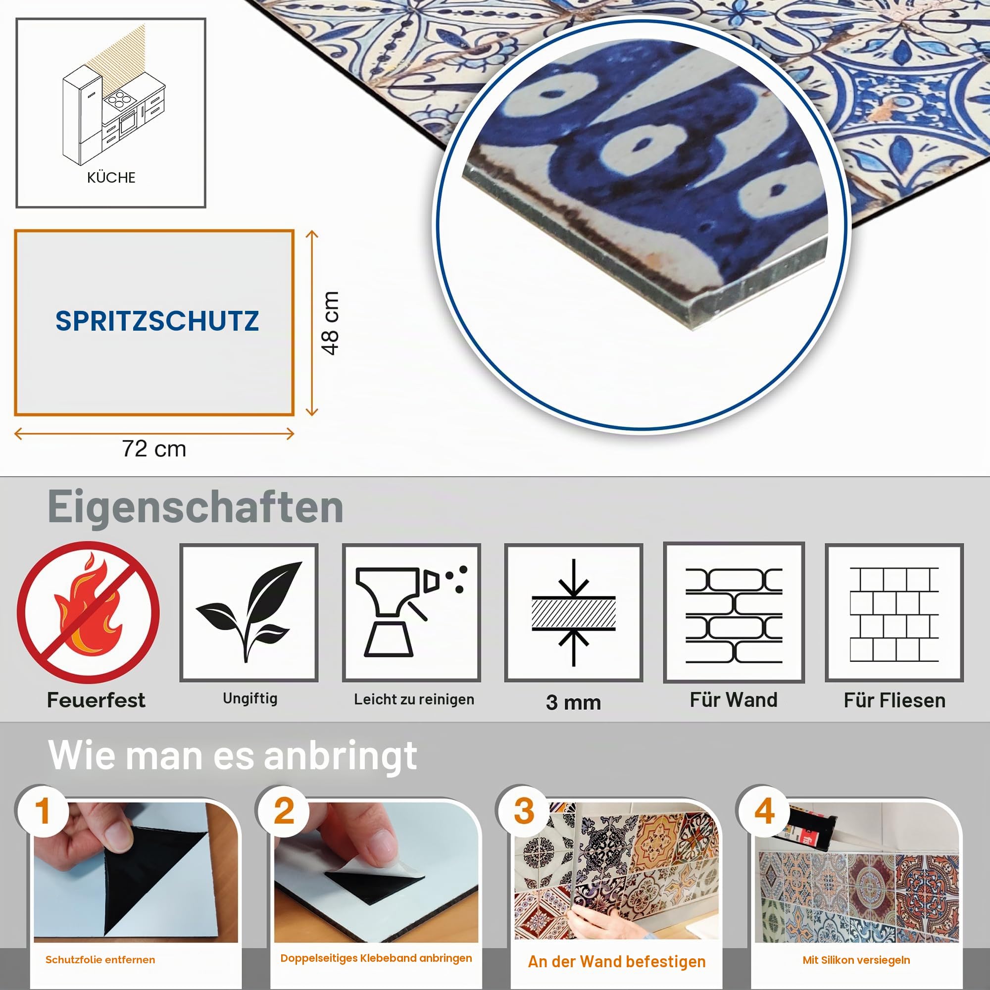 CREARREDA Spritzschutz für Küche aus Aluminium, made in Italy, Schutz für Herd und Wand, waschbar und einfach zu montieren, Spritzschutz aus Metall, 48 x 72 cm