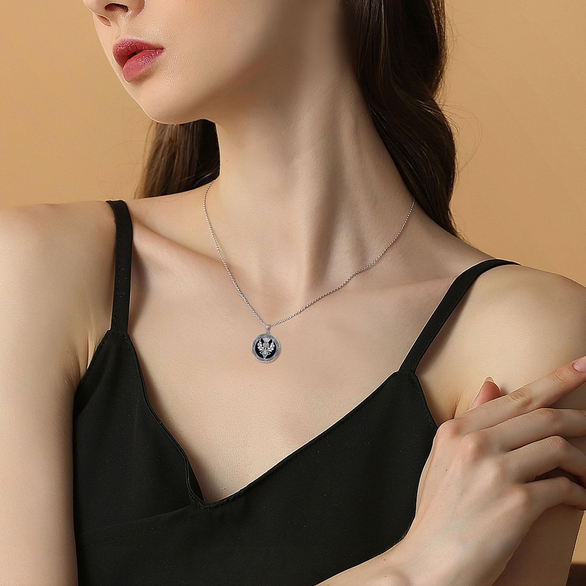 Schottische Distel Halskette Sterling Silber Schwarzer Onyx Keltischer Anhänger Neckalce für Frauen Schottischer Distelschmuck für Frauen