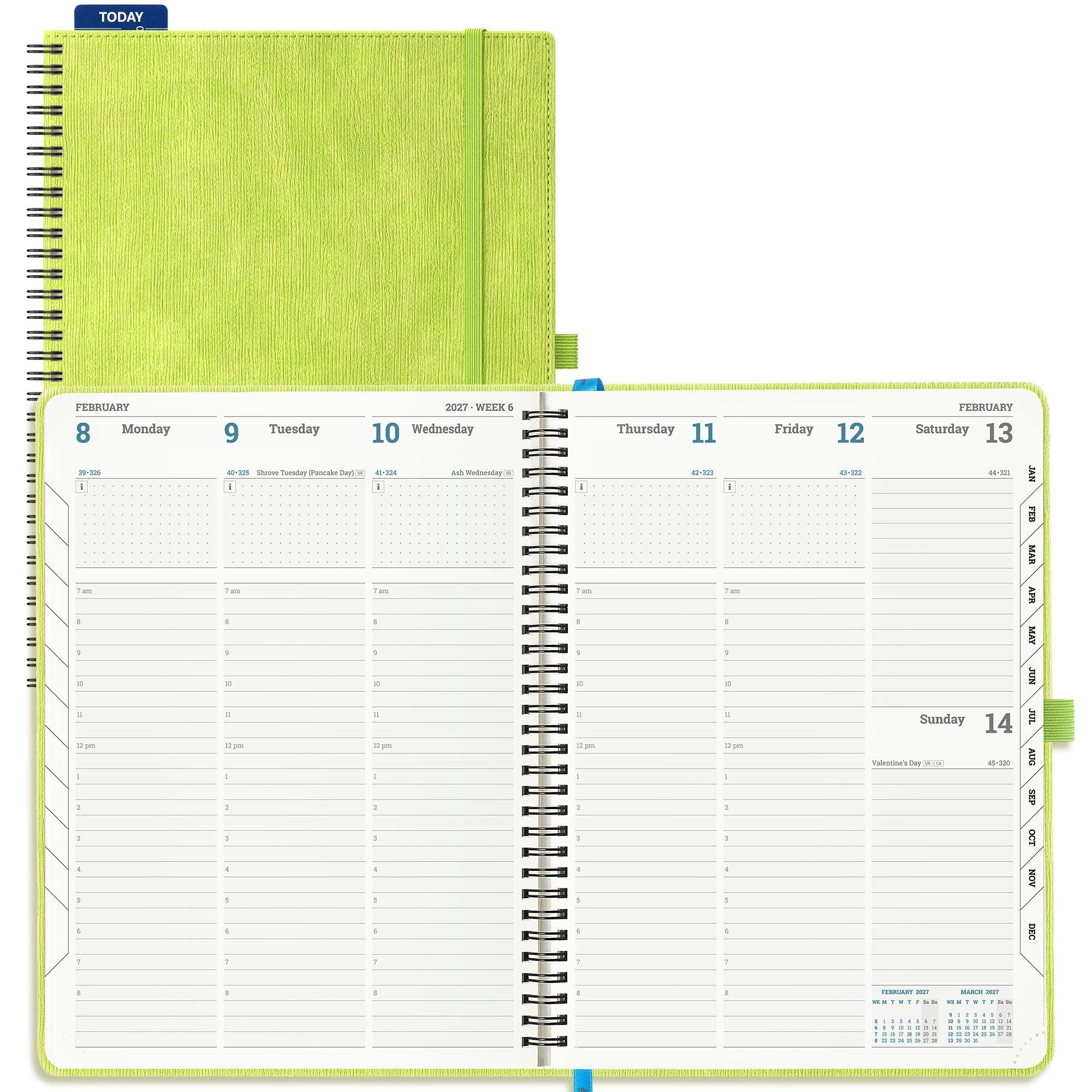 IN-LUXPRO 2027 Diary: Large A4 Week to View (29x21.5 cm) 12 Months (Jan.- Dec.) Vertical Weekly Appointment Spiral Softcover Planner with Timeslots, Inner Pocket, 100GSM Paper, PU Leather Apple Green
