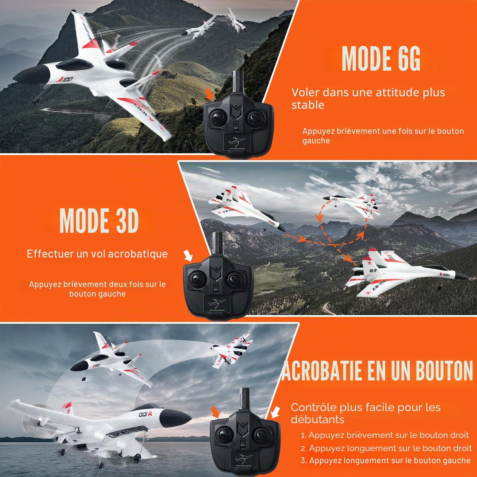 VEVOR Avion RC télécommandé 2,4 GHz 4 canaux stabilisateur gyroscopique 6 axes mousse EPP prêt à voler