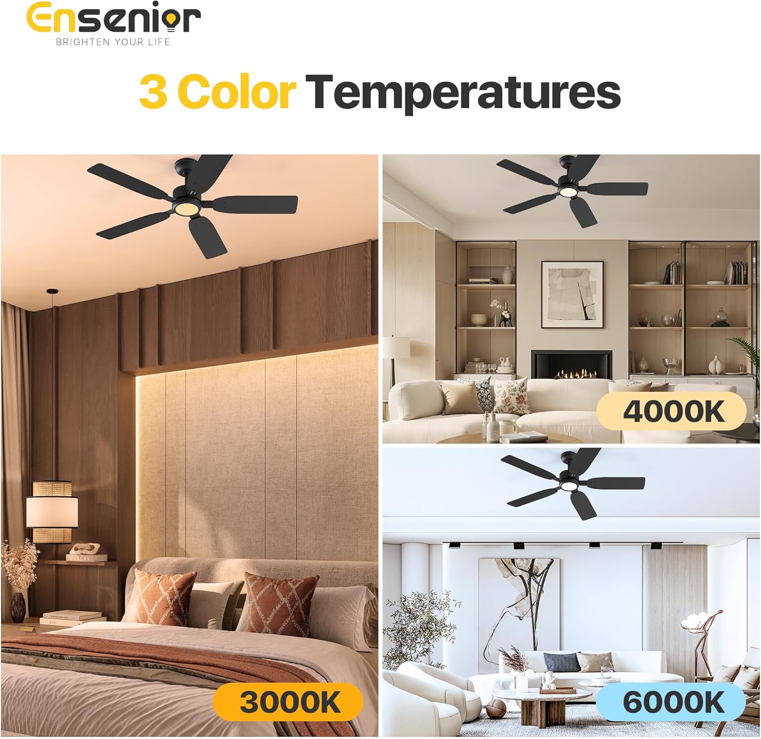 Three images showing the ceiling fan light at 3000K (warm), 4000K (natural), and 6000K (cool) color temperatures in different room settings.