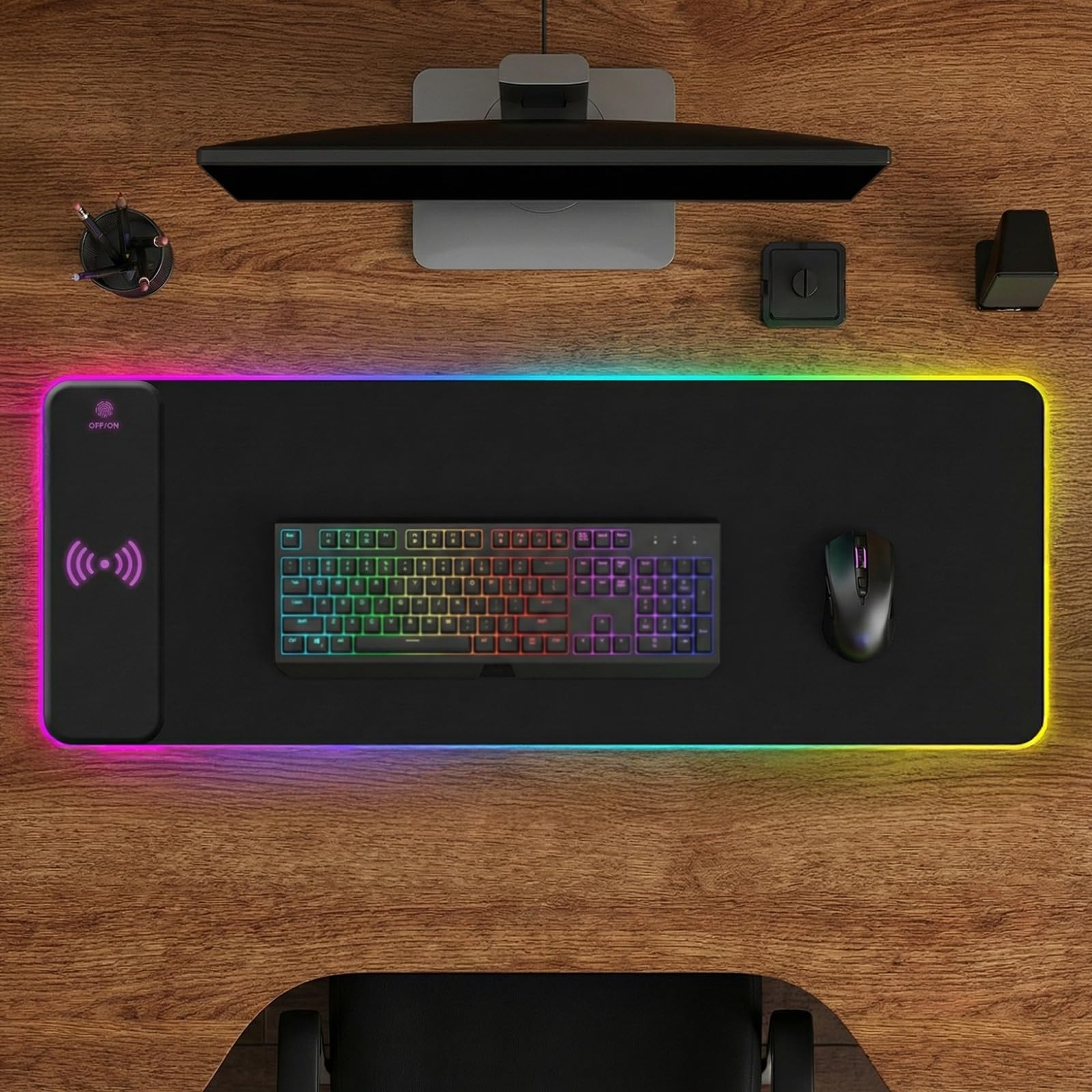 Machify - Tappetino per mouse RGB per gaming con caricabatterie wireless, ricarica da 15 W, esteso grande 80 cm, 17 modalità di illuminazione, controllo touch, base in gomma antiscivolo