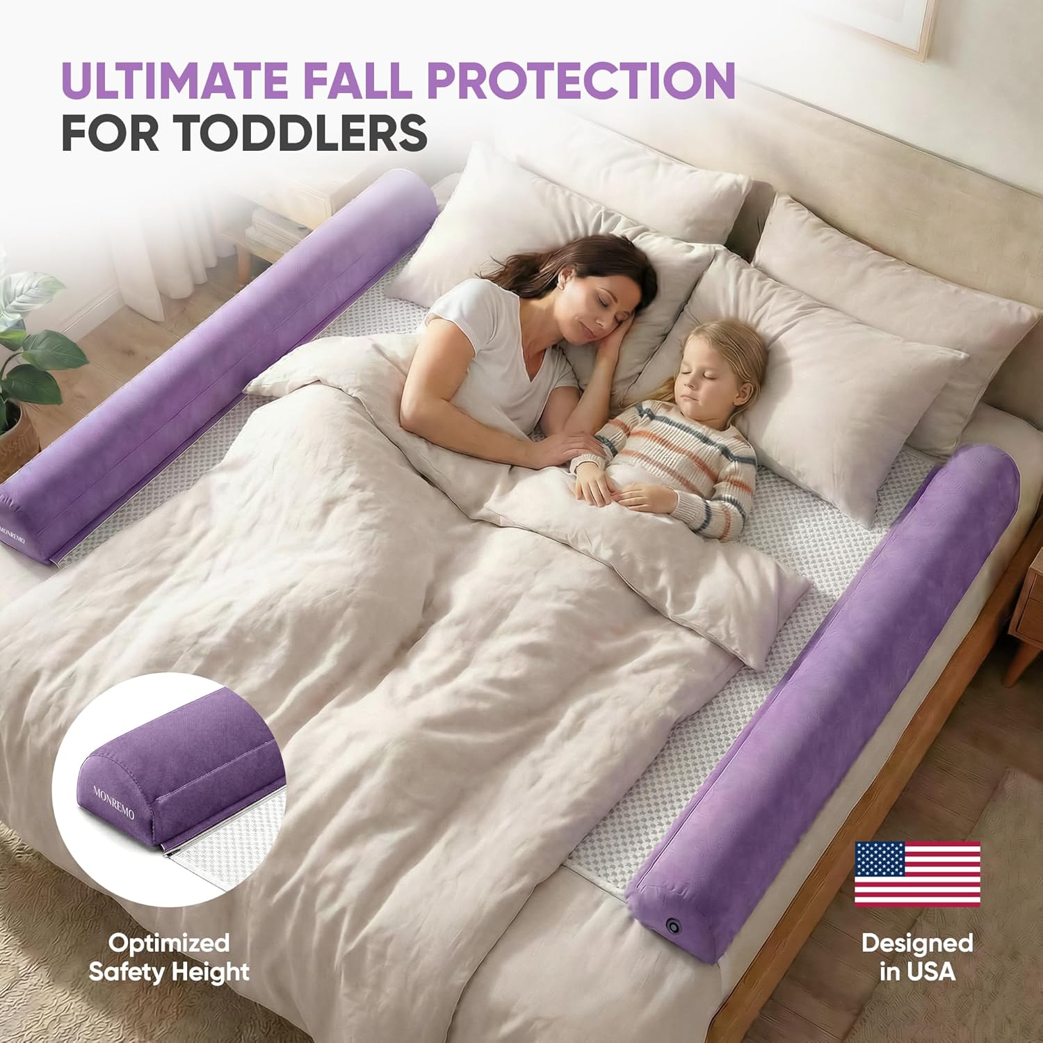 Inflatable Bed Rails for Toddlers (Set of 2) - Portable Travel Bed Bumpers for Kids - Non-Slip Safety Guard with Washable Cover - Fits Twin, Full, Queen & King - Blow Up Side Rail Barrier