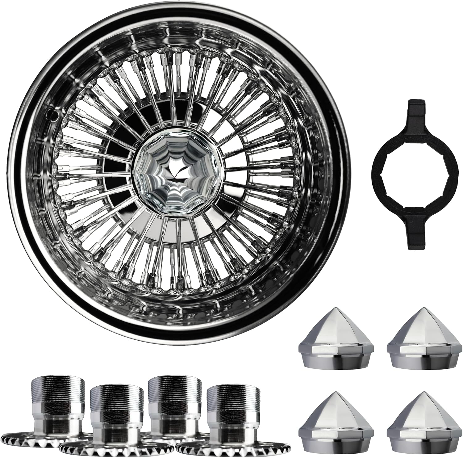 13x7 Reverse 72 Spoke SS Straight Lace Wire Wheels with Bullet Knock Off Spinner Caps + Chrome Adapters 5x4.5, 5x4.75, 5x5 | Chrome Deep Dish Lowrider Rim | Set of 4 + Bullet Wrench