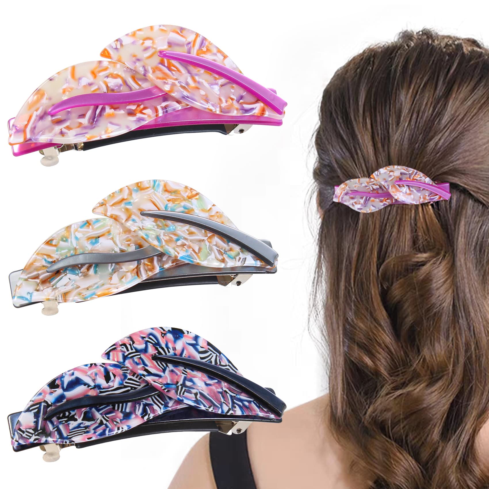 Mistofu 3 Pieces Large Barrettes for Women, Beautiful Lines Simple Retro Classic Large Snap Barrettes Hair Accessories, Hair Barrettes for Women Thick Hair