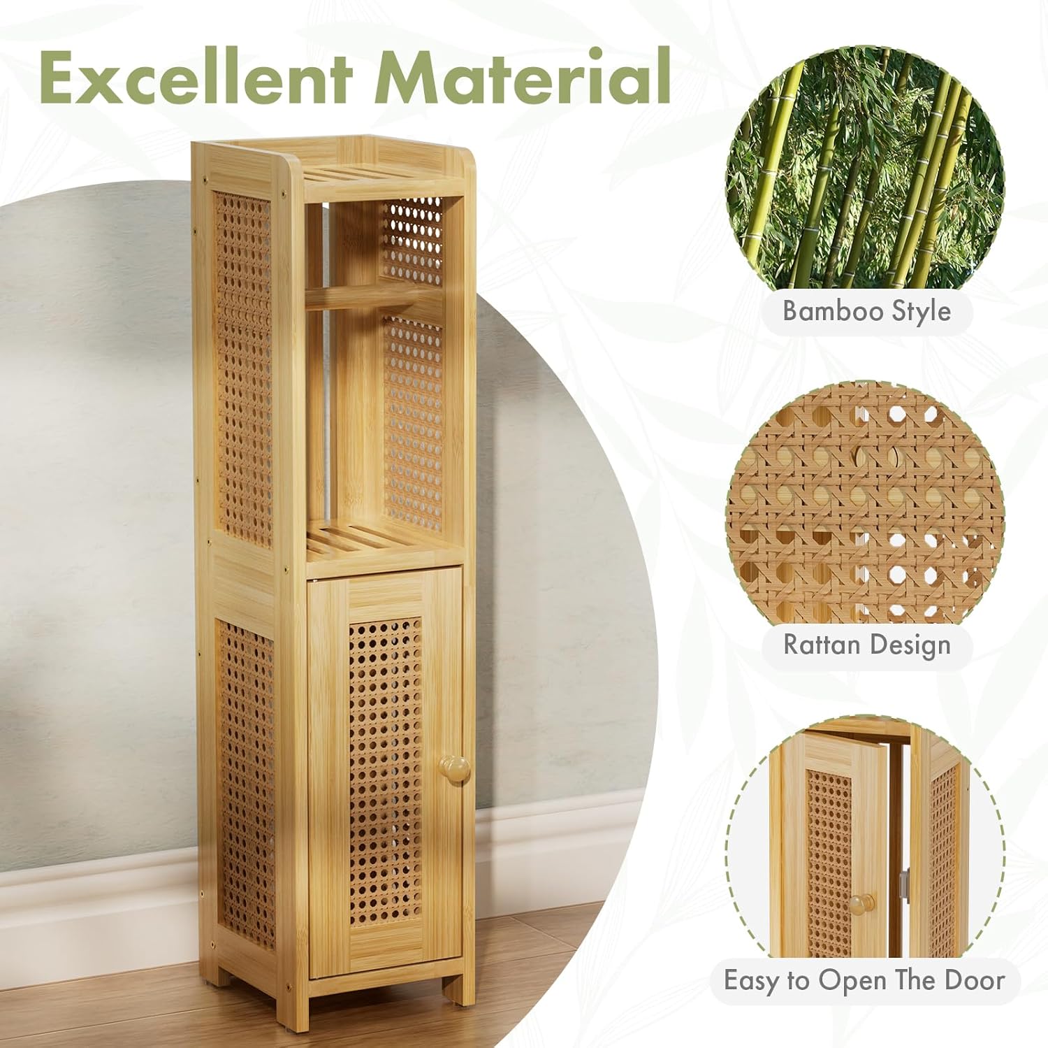 AmazerBath Toilet Paper Holder Cabinet, Bamboo Toilet Paper Holder Stand for Bathroom, Small Toilet Paper Storage Cabinet with Rattan Door, 30.3x7.8x7 inches