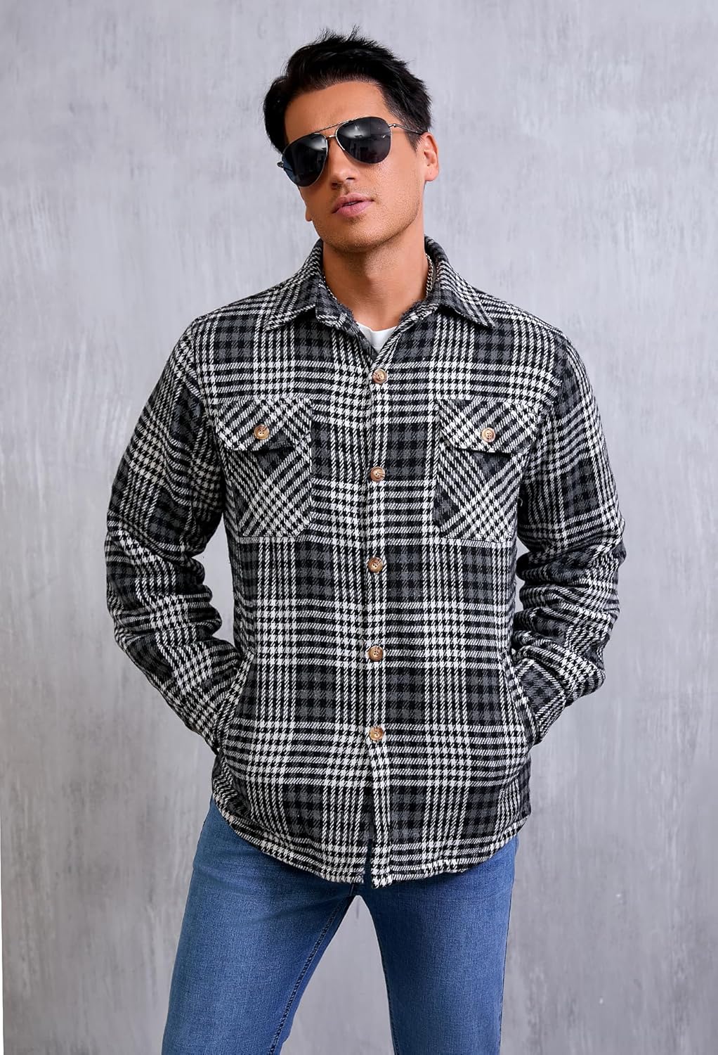 Men's Cotton Sherpa Lined Button Down Flannel Shirt Jacket Plaid Soft Outdoor Flannel Jacket Shirt - Image 3