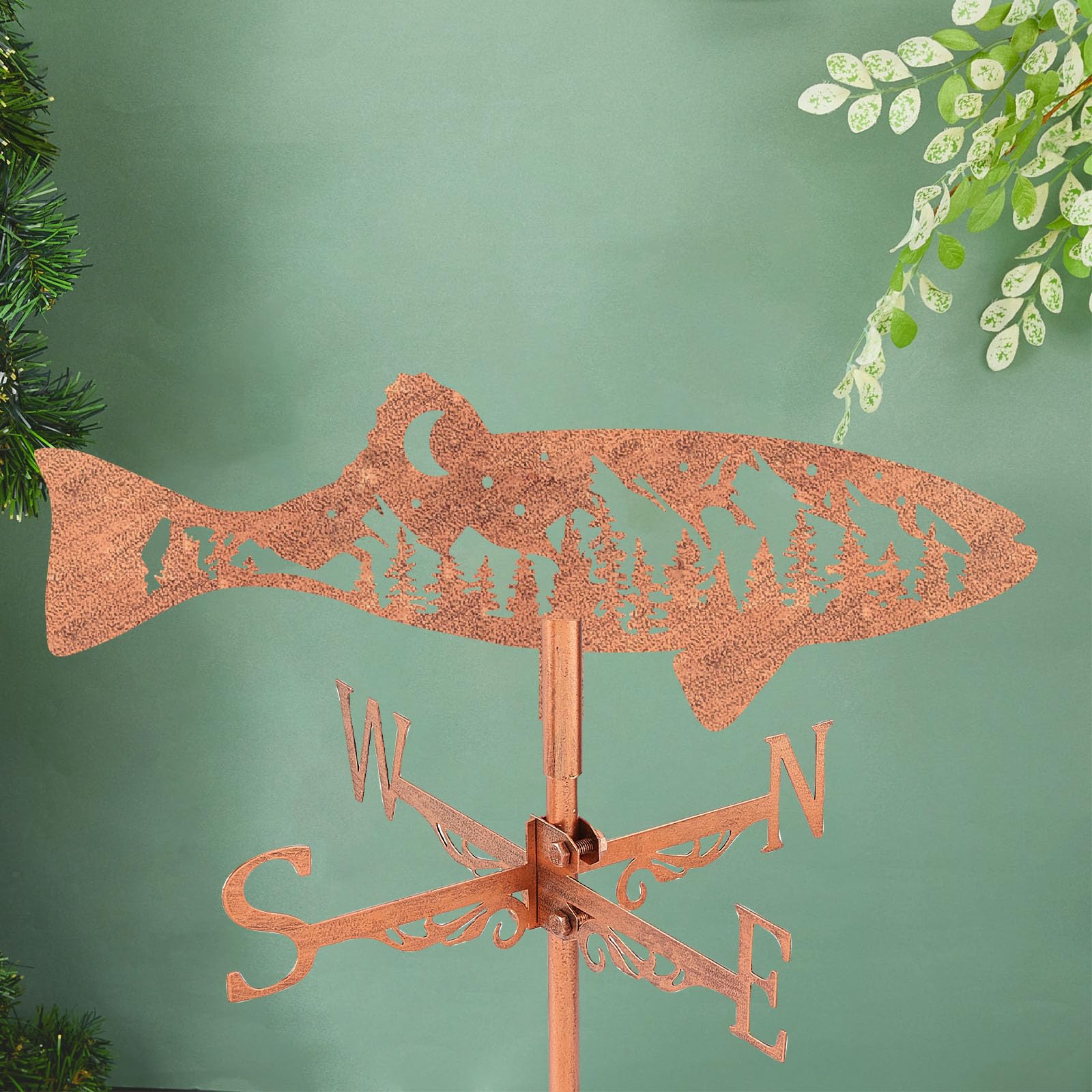 SUPERDANT Fischförmige Wetterhahn Mit Berglandschaft Motiv Metall Windrichtungsanzeiger Mit Montageset Für Dach Kupferne Wetterfahne Zur Dekonation Von Garten Farm Hof Pavillon Carport Geschenke