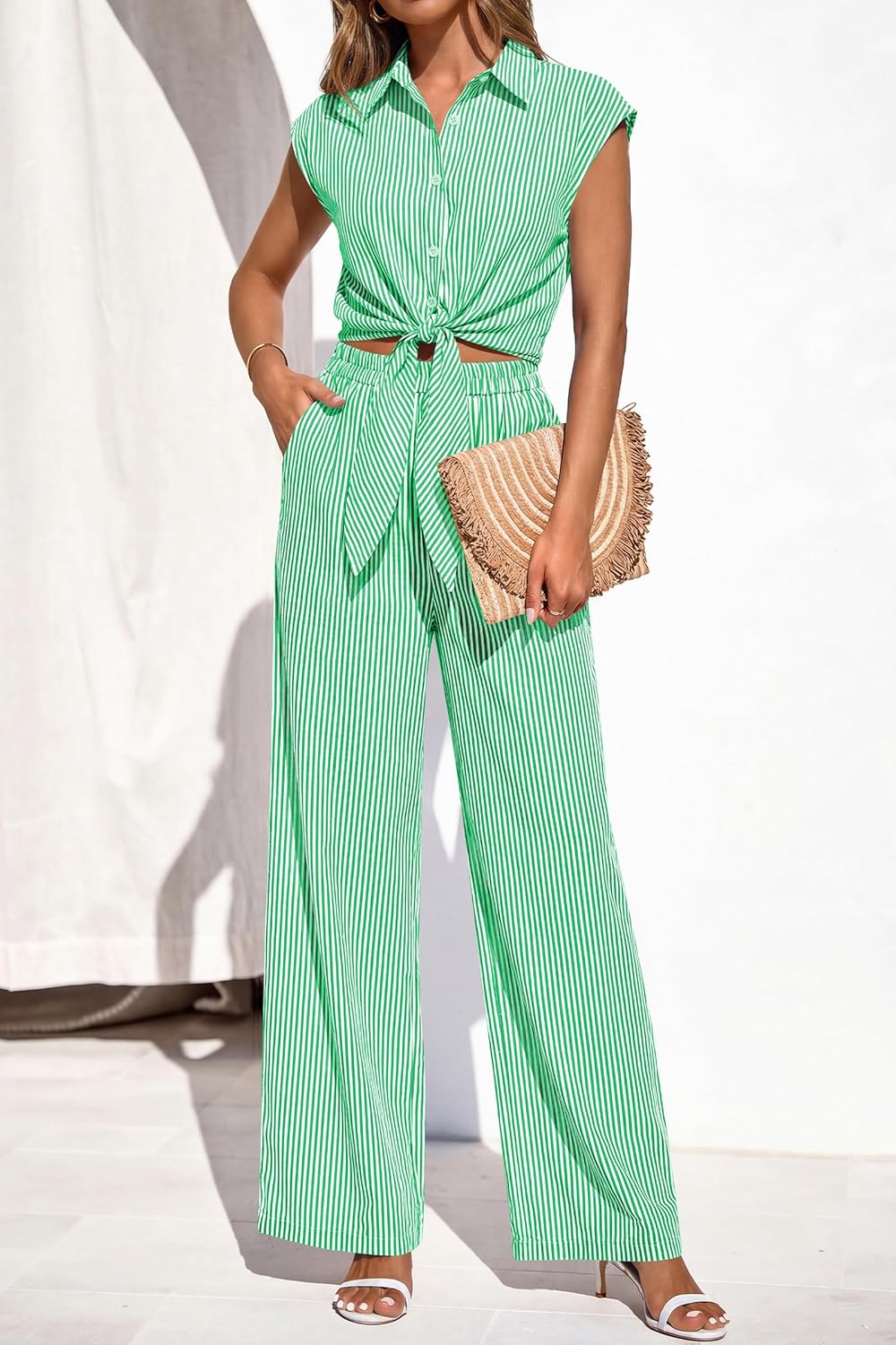 PRETTYGARDEN 2 Piece Sets For Women Summer Striped Button Down Tie Front Crop Tops Wide Leg Pants Floral Lounge Set 2026 - Image 6