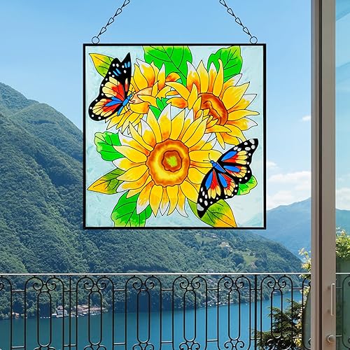 Miniatura 5 de Colgantes de ventana de girasol y mariposa, panel de cristal de 11 pulgadas con cadena para colgar en la ventana, regalos para amantes