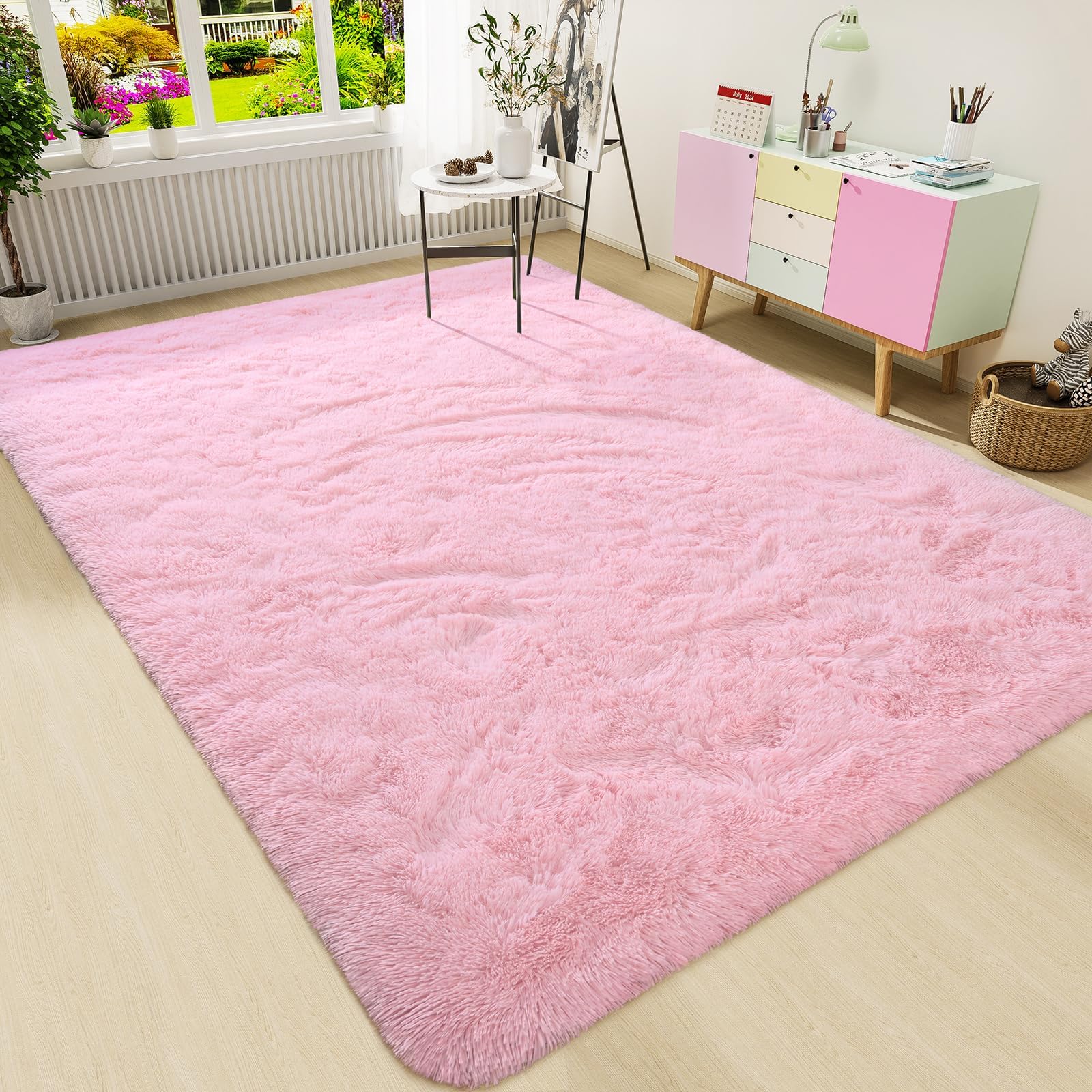 HOMORE Pink Rug for Girls, 5x8 Fluffy Shag Rugs for Living Room, Soft Bedroom Rugs for Kids Room, Cute Carpets for Dorm, Furry Rug for Nursery Indoor Decor