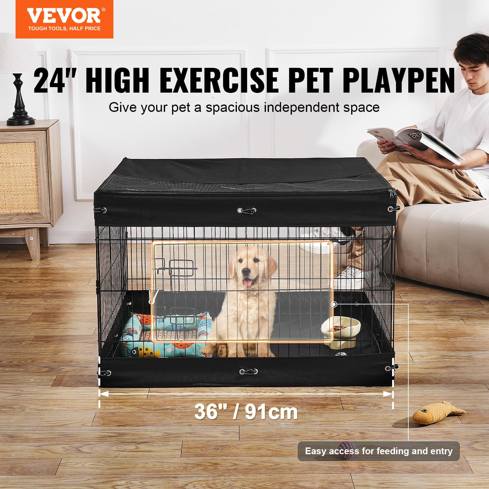 VEVOR Recinto per Cani, Confezione da 4 Pannelli 610 x 910 mm Recinto da Addestramento Pieghevole in Metallo, Recinto per Cani da Interno Esterno con Porta, Copertura Superiore e Imbottitura Inferiore
