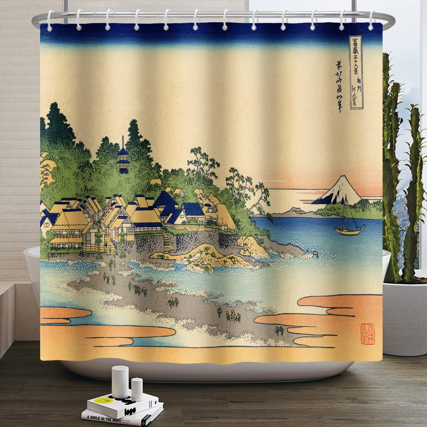 SDOTPMT 48x72inch Mount Fuji Scenery Shower Curtain Japanese Cottage Ocean Beach Orient Traditional Ethnic Anime Bath Curtain Kanagawa River Shower Curtain for Bathroom Polyester with Hooks - Image 3