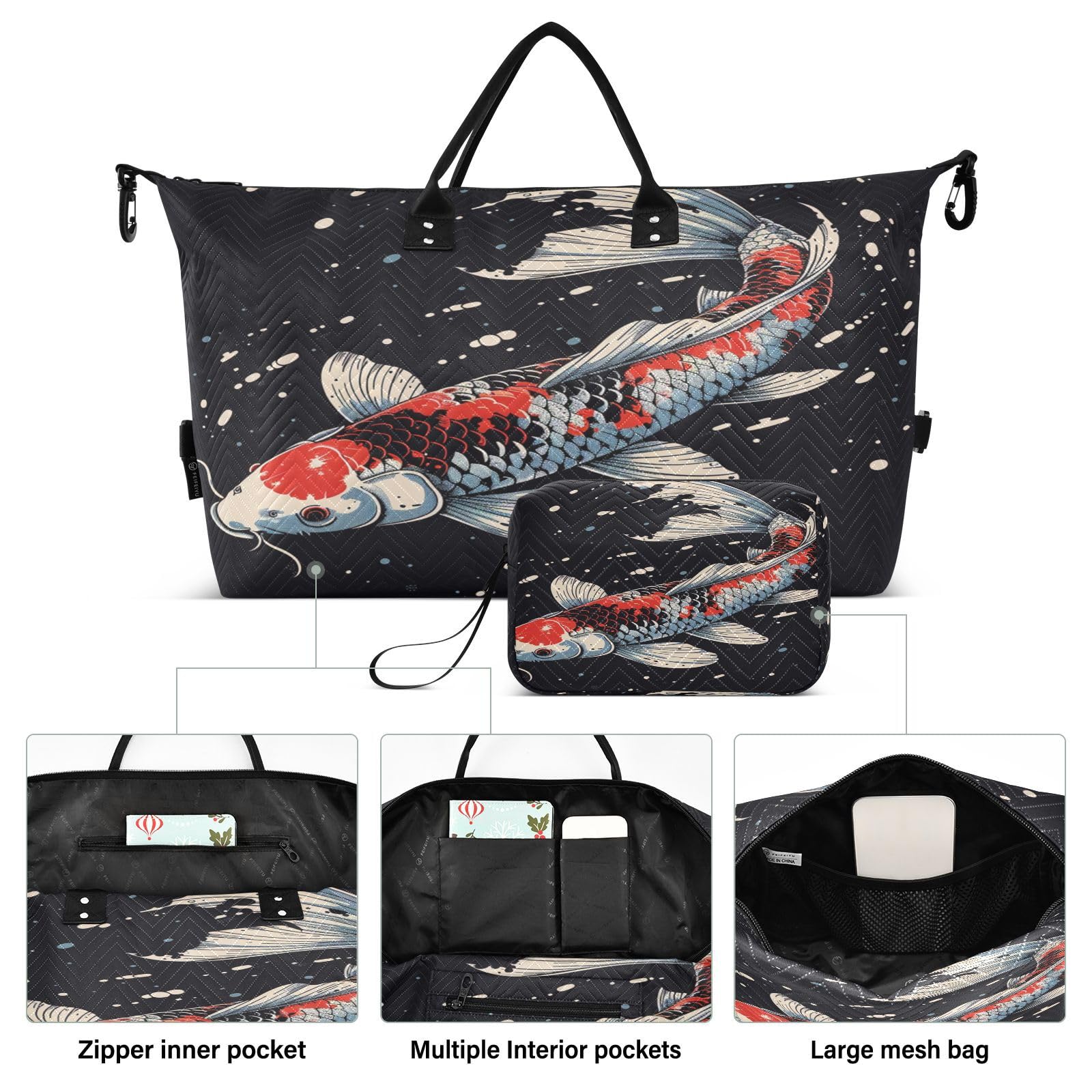 Koi Fisch Schwarz Weiß Rot Sporttasche Handtasche mit Make-up Aufbewahrungstasche Badetasche für Reisen Mädchen Männer