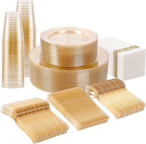 Supernal 400 vajillas de plástico con purpurina dorada, platos desechables para fiestas incluyen 50 platos de plástico dorados, 50 platos de postre