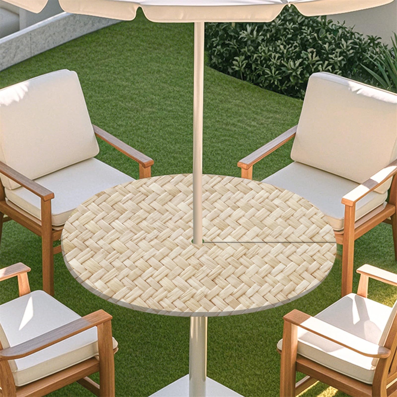 Odot Elastic Edge Round Fitted Tablecloth Protector Waterproof Outdoor Round Tablecloth with Parasol Hole and Zipper, Wipe Clean Table Cover for Garden BBQ Party, Woven (Beige,L:114-137cm)