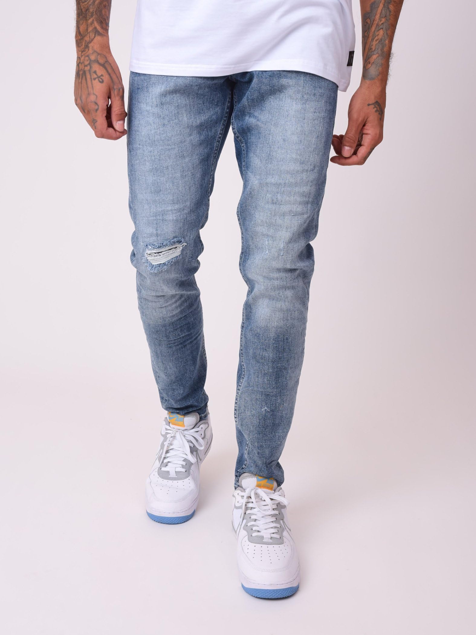 Jean skinny bleu délavé avec trou taille 28US denim en coton résistant