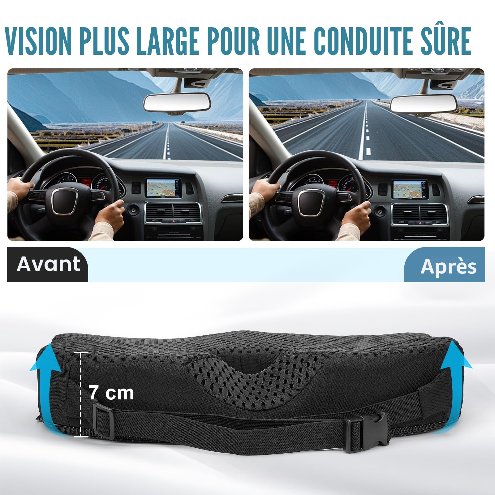 Coussin de Siège Auto – Rehausseur Ergonomique en Mousse à Mémoire de Forme avec Fond Antidérapant et Sangle Réglable – Coussin de Siège pour Voiture, Camion, Bureau et Maison