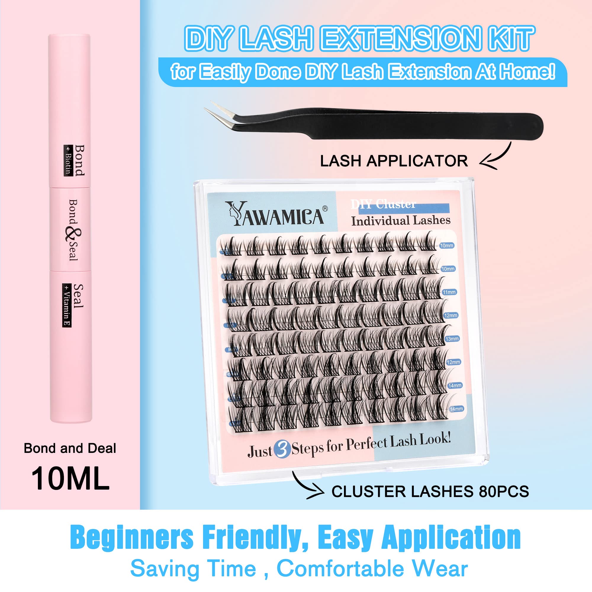 Yawamica DIY Lash Extension Kit, Lash Cluster 80 Pcs with Strong Hold Lash Bond and Seal and Cluster Eyelashes Applicator Tool Eyelash Extensions Kit for Self Applicator at Home