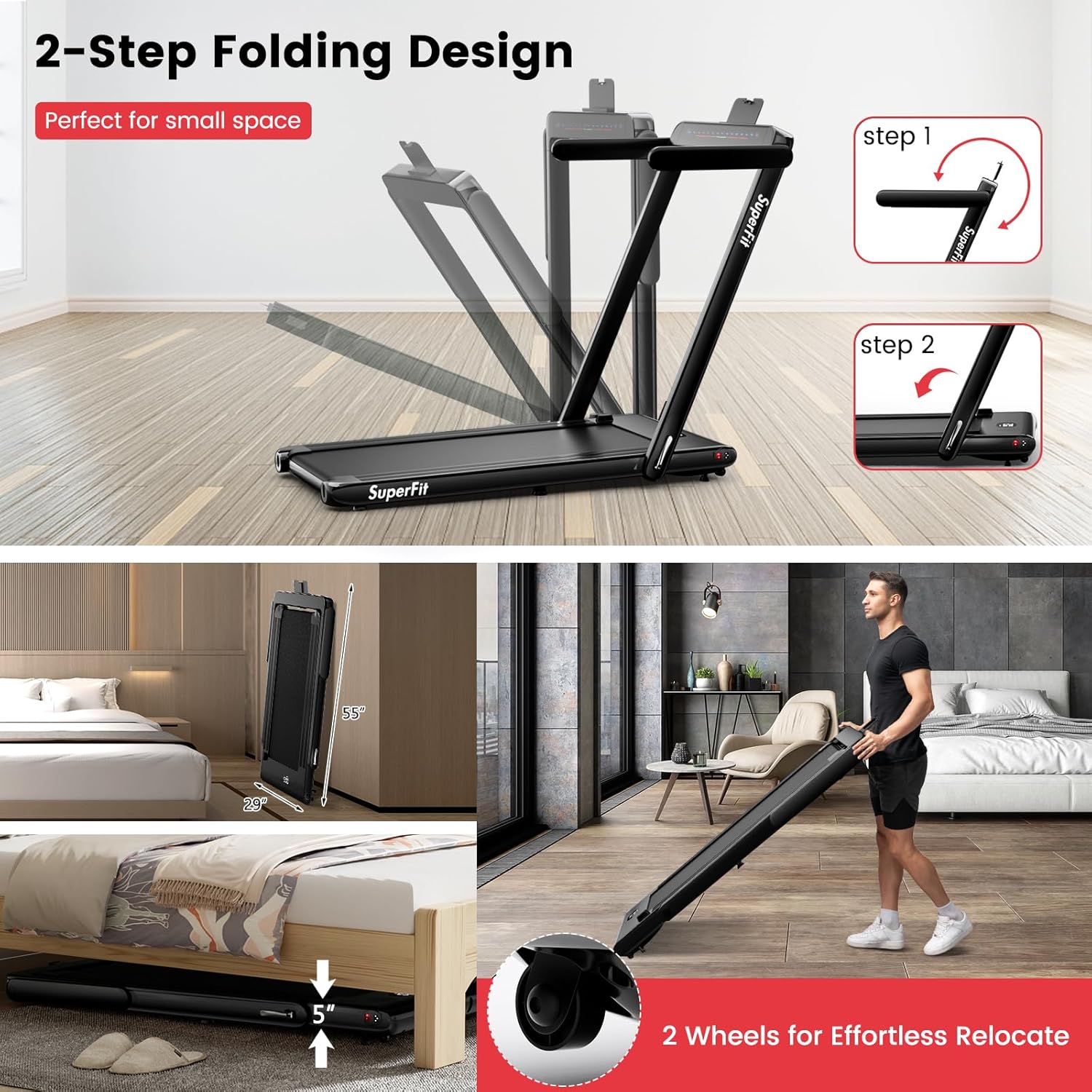 GYMAX Walking Pad, Dual LED Display Free Installation Running Machine w/Smart App/Remote Control & Bluetooth Speaker, 2 in 1 Foldable Portable Under Desk Treadmill for Small Space Home Office
