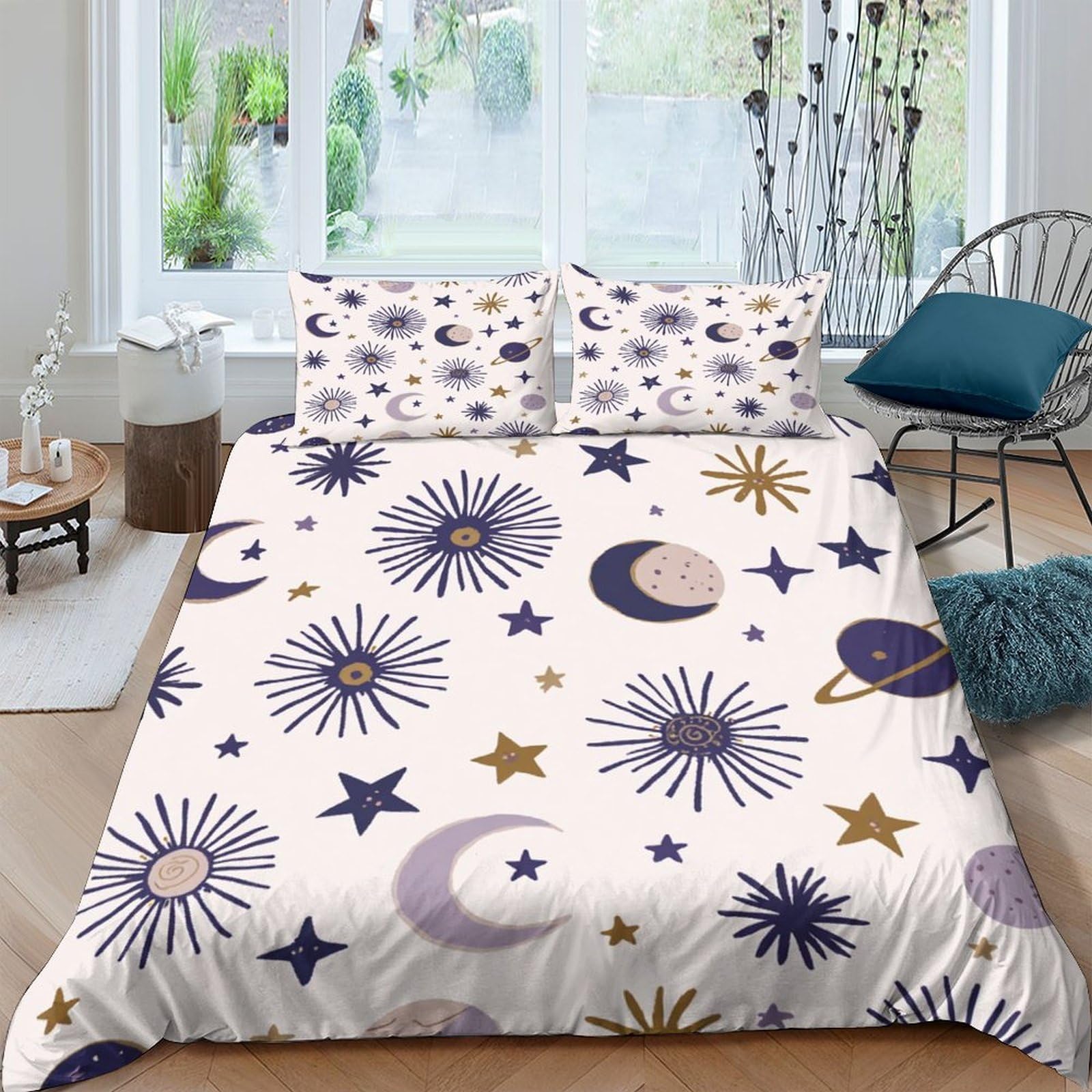 Ctjqhvkz Style-1 3D Printed Celestial Sun Moon Fitted Sheet Microfiber Soft Breathable Cosmic Star Mattress Cover For Bedroom Decor Single（135X200cm）