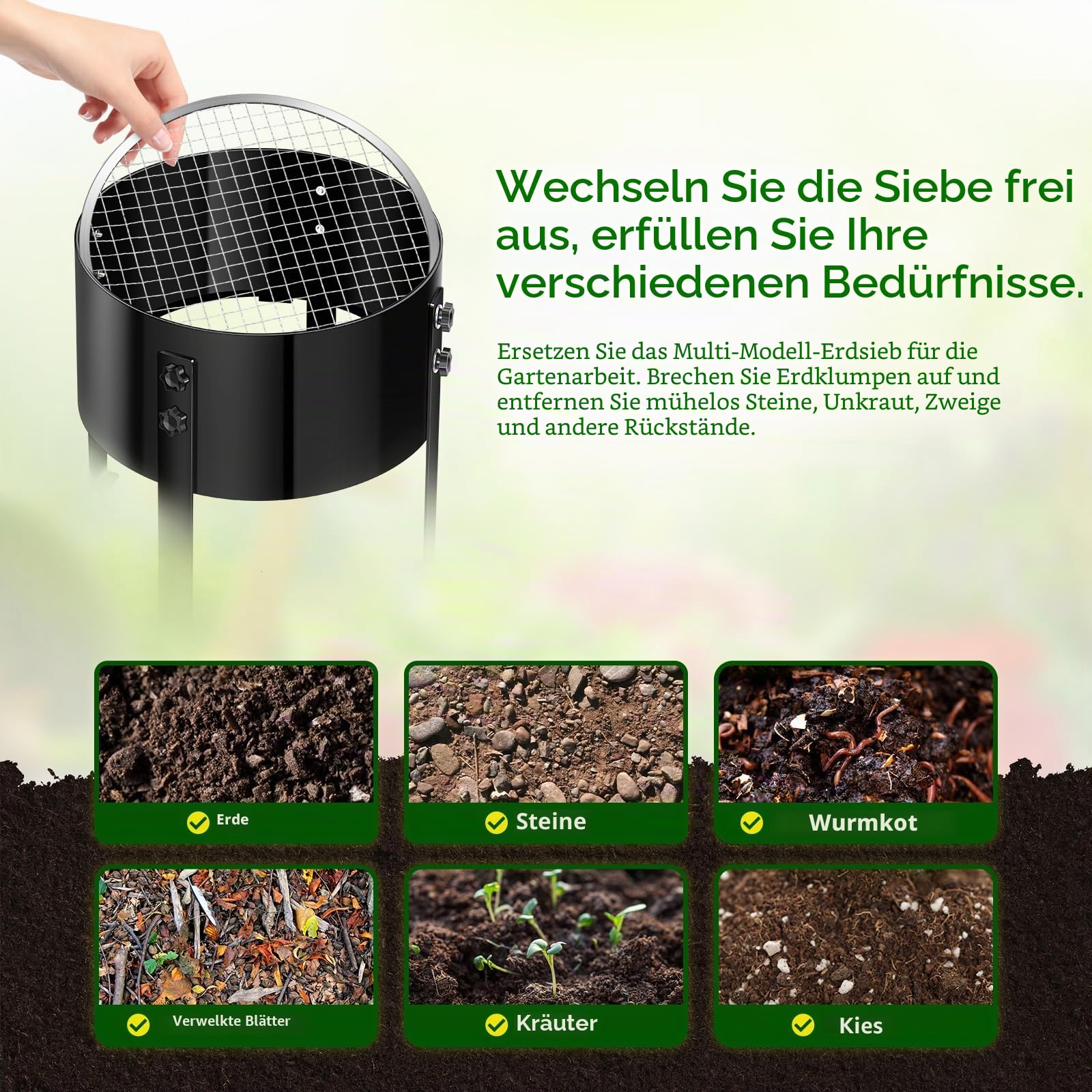 Manueler rotierender verbesserter Gartensieb, Kompostsieb, 13 Zoll Maschenfilter mit 4 austauschbaren Sieben (3/6/9/12 mm), Gartensieb, modernes rotierendes Gartensieb