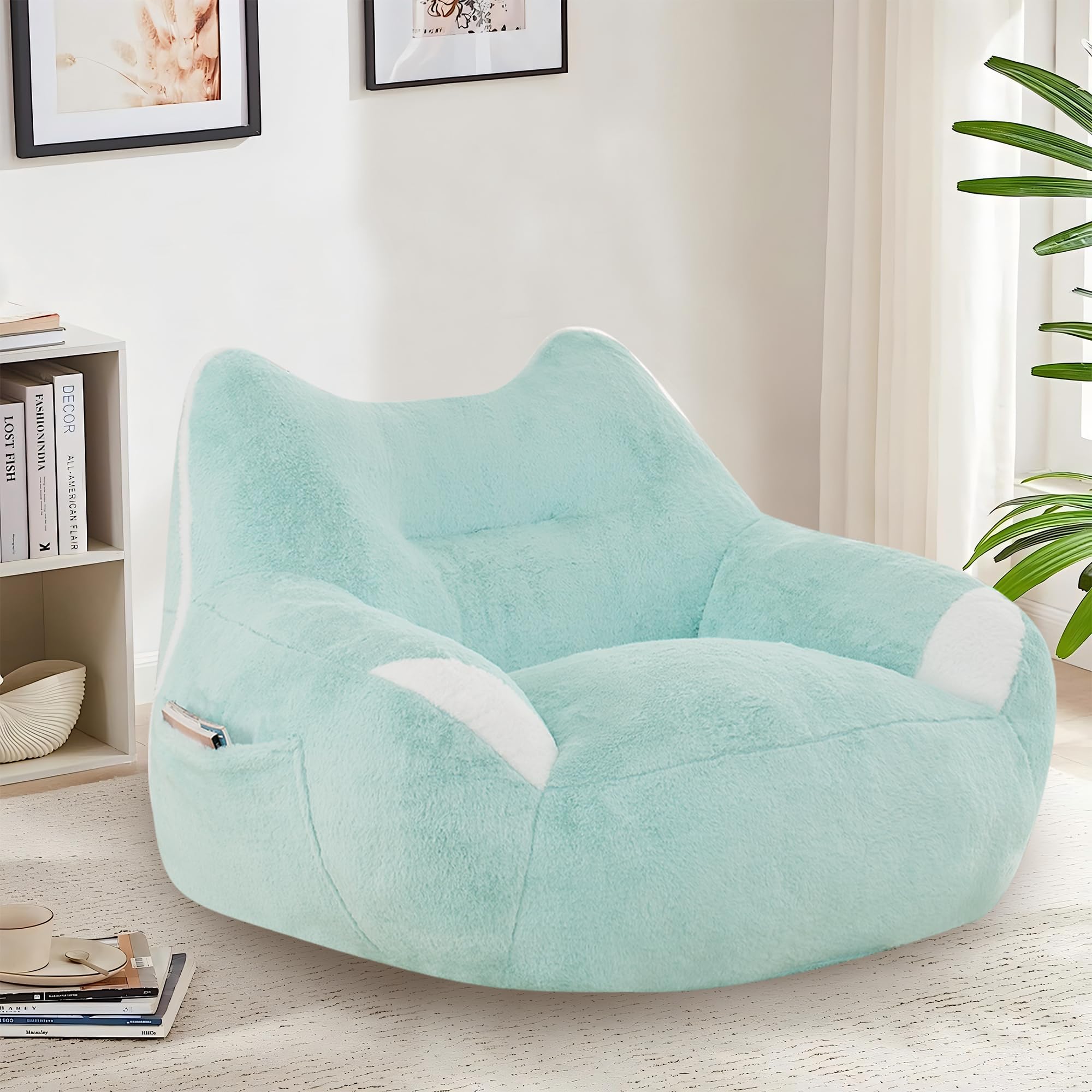 Mofolit Bean Bag Chairs for Adults,Big Bean Bag Chair with Artificial Rabbit Fur Fabric,Comfy Single Sofa for Living Room,Reading Room and Apartment. (Blue)
