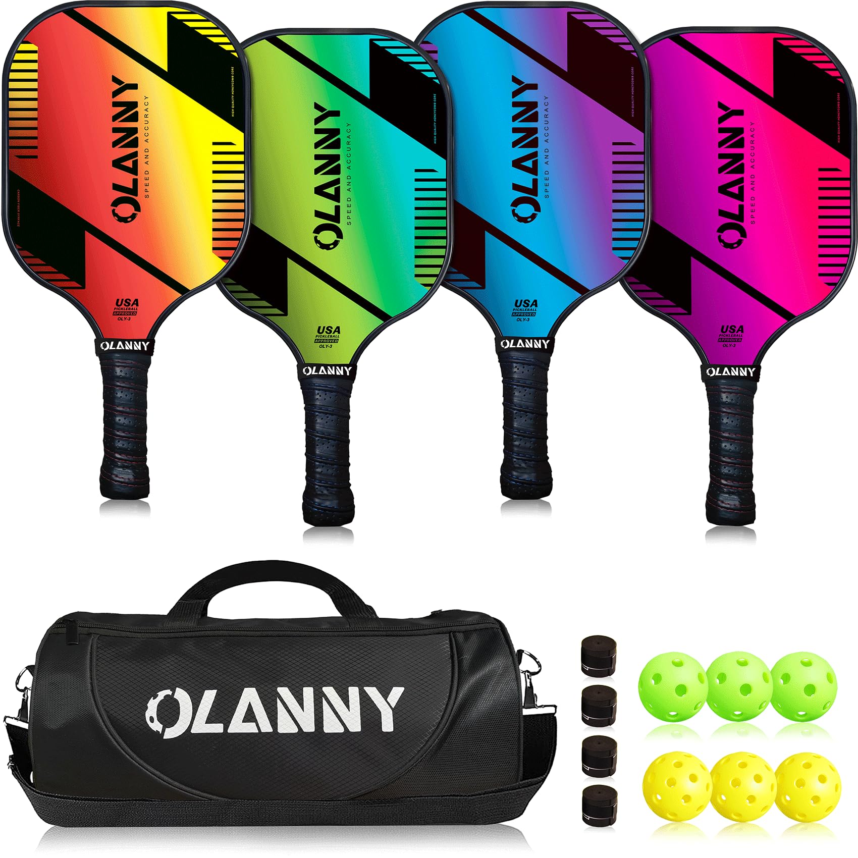 OLANNY Graphite Pickleball Paddles 4 Pack - Premium Rackets Fiber Face & Polymer Honeycomb Core Pickleball Set Includes 4 Pickleball Paddles + Pickleball Balls+ 4 Replacement Soft Grip + 1 Bag
