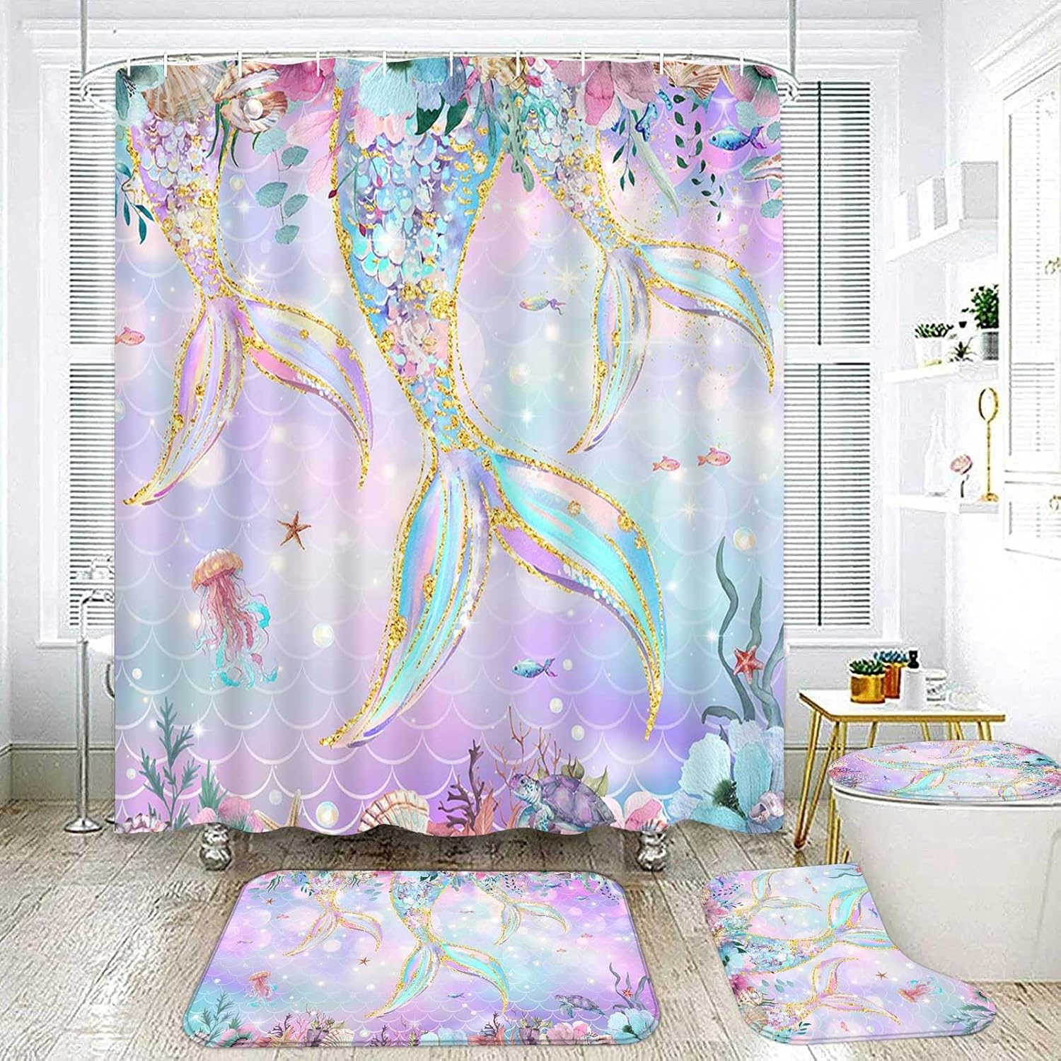 Mermaid 4 Pcs Bathroom Shower Curtain Set - Waterproof Fish Ocean Decor Accessories with Rugs, Toilet Lid Cover & Bath Mat Kids Girls Princess - 72" x 72" with 12 Hooks